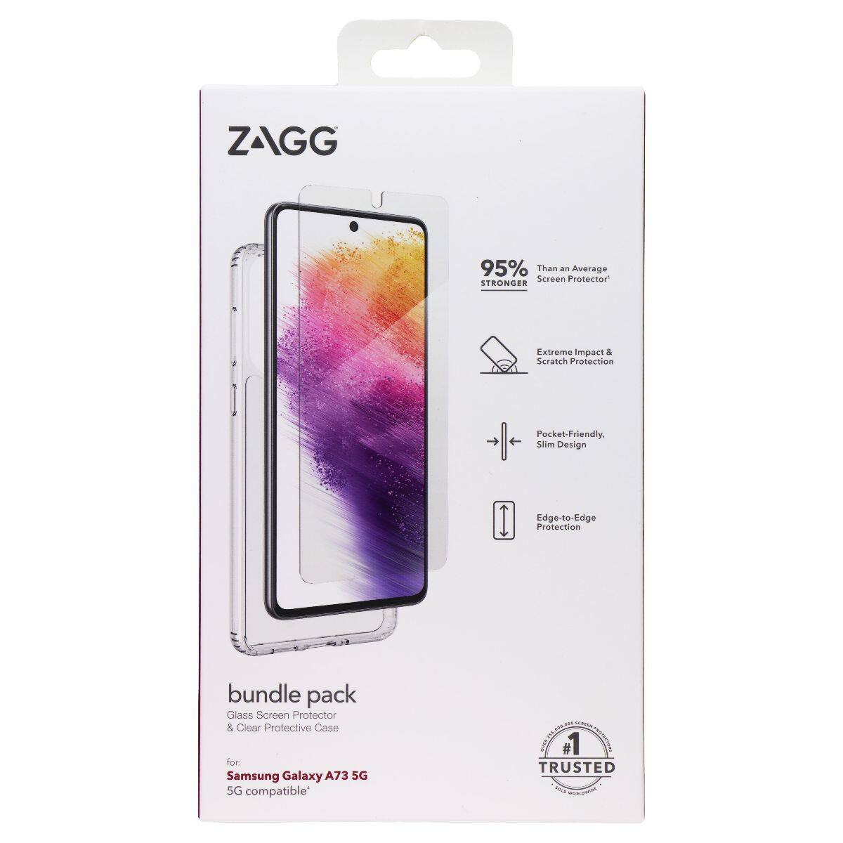 ZAGG 95% STRONGER Than an Average Screen Protector Extreme Impact & Scratch Protection Pocket-Friendly. Slim Design Edge-to-Edge Edge Protection bundle pack Glass Screen Protector & Clear Protective Case for: Samsung Galaxy A73 5G 5G compatible. #1 TRUSTED