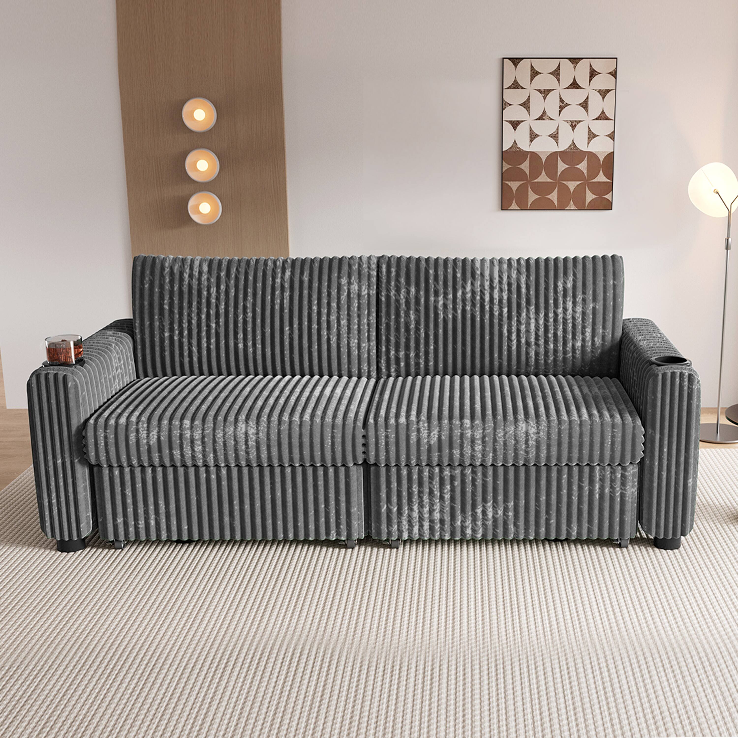 Alt View 1. Vipbear - Vipbear 91" Sectional Sleeper Sofa Bed with Pull Out Bed, L Shaped Couch Sleeper Sofa,Plush Corduroy Gray - Gray.