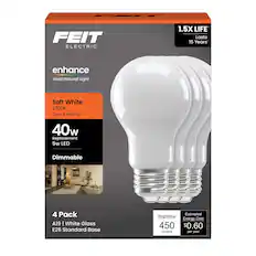 FEIT ELECTRIC
1.5X LIFE
Lasts 15 Years
enhance
Vivid Natural Light
Soft White 2700K
Cozy & Inviting
40w Replacement
5w LED
Dimmable
4 Pack
A19 | White Glass
E26 Standard Base
Estimated Brightness
450 lumens
Energy Cost $0.60 per year