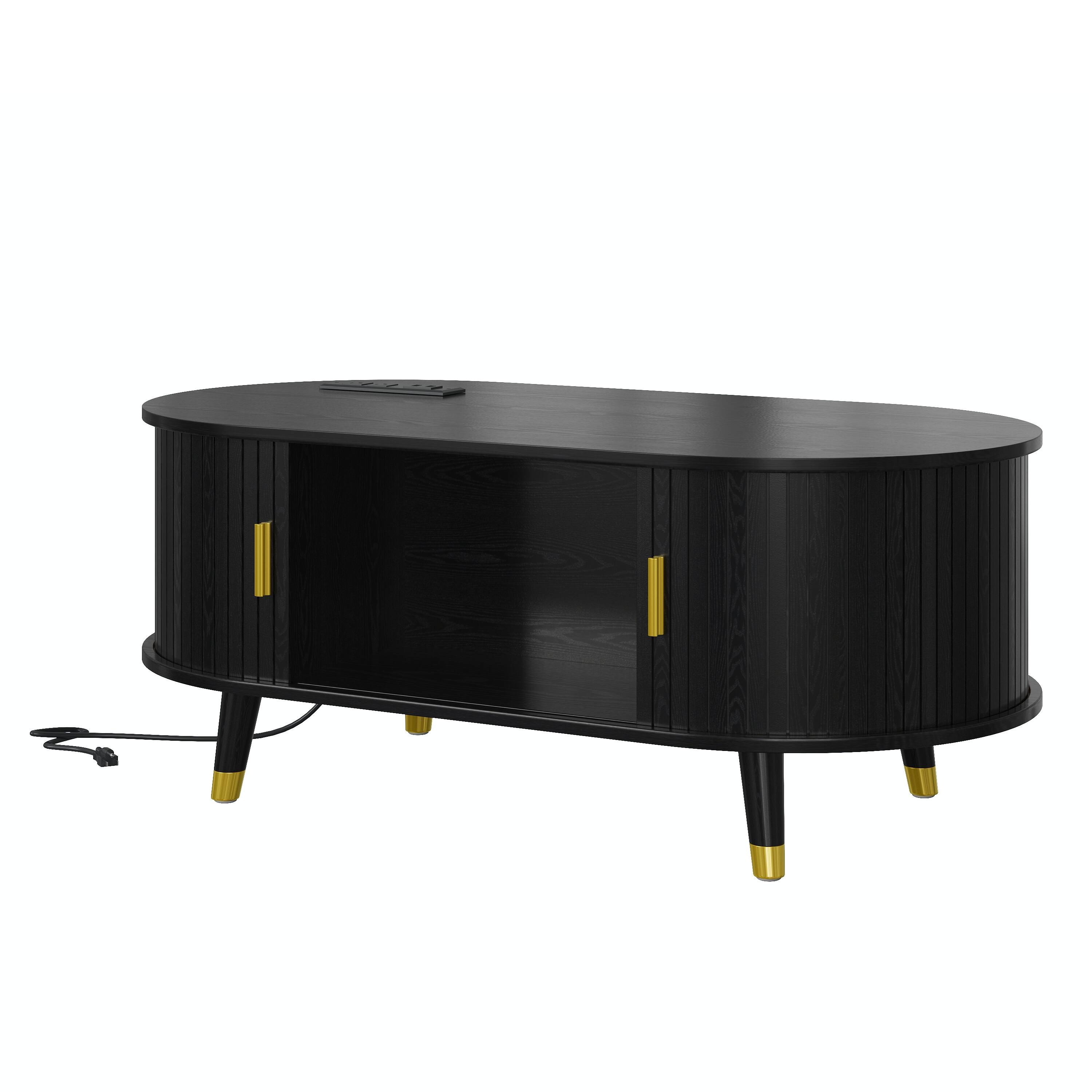 Angle. Lirago - 43" Century Farmhouse Wooden Oval Coffee Table Fluted Design with Charging Station Sliding Tambour Door Solid Wood Legs - Black.