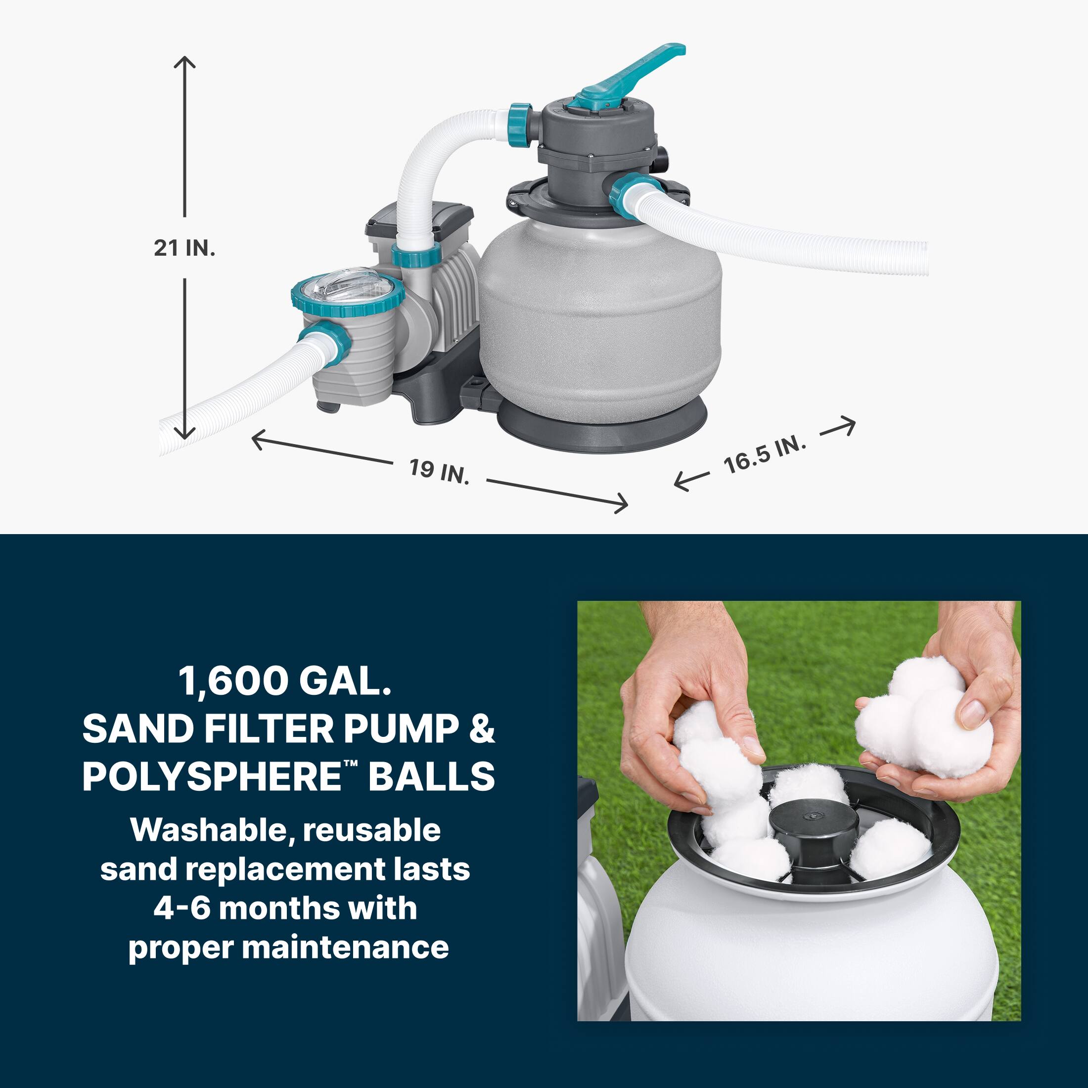 21 IN.  
19 IN.  
16.5 IN.  
1,600 GAL.  
SAND FILTER PUMP & POLYSPHERE™ BALLS  
Washable, reusable sand replacement lasts 4-6 months with proper maintenance