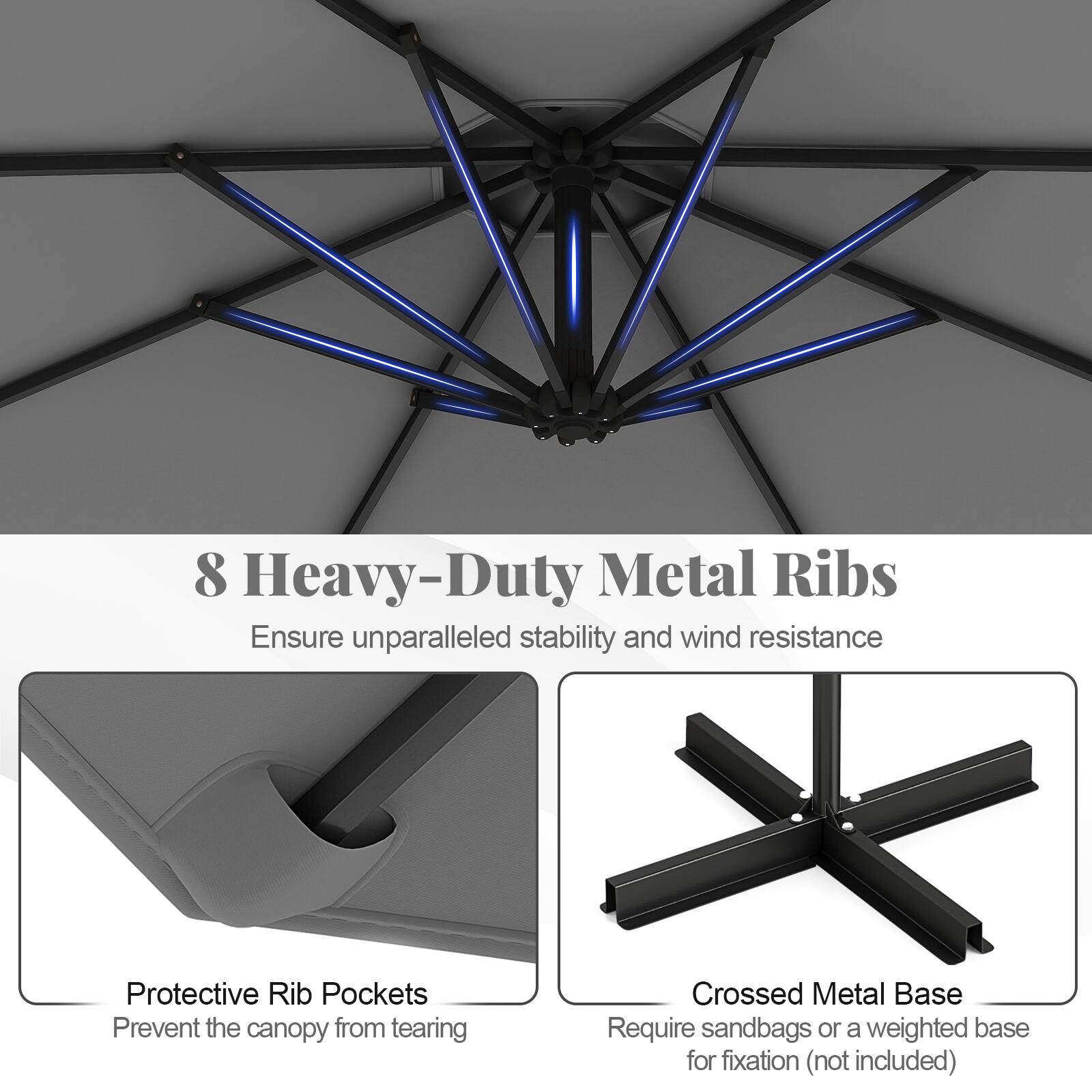 8 Heavy-Duty Metal Ribs
Ensure unparalleled stability and wind resistance
Protective Rib Pockets
Prevent the canopy from tearing
Crossed Metal Base
Require sandbags or a weighted base for fixation (not included)