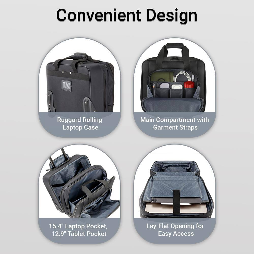 Convenient Design

Ruggard Rolling Laptop Case

Main Compartment with Garment Straps

15.4" Laptop Pocket, 12.9" Tablet Pocket

Lay-Flat Opening for Easy Access