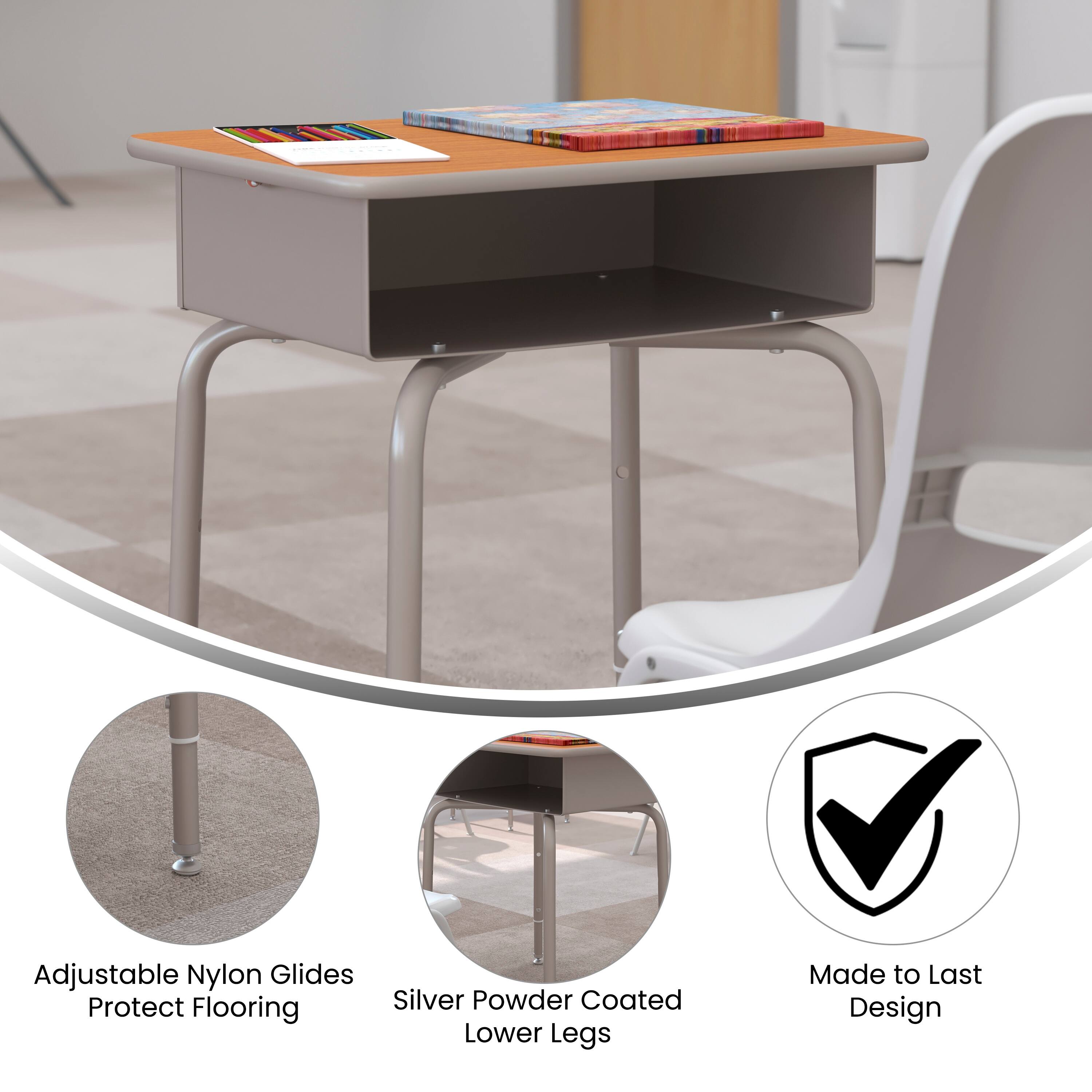 Adjustable Nylon Glides Protect Flooring  
Silver Powder Coated Lower Legs  
Made to Last Design