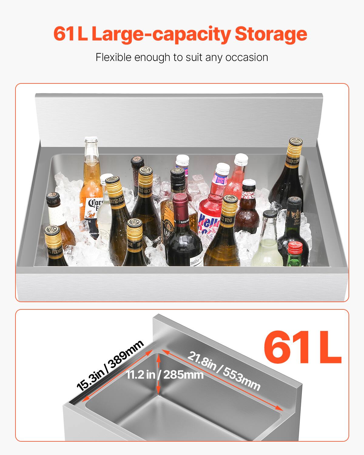 61 L Large-capacity Storage  
Flexible enough to suit any occasion  

61 L  

21.8in / 553mm  
15.3in / 389mm  
11.2in / 285mm