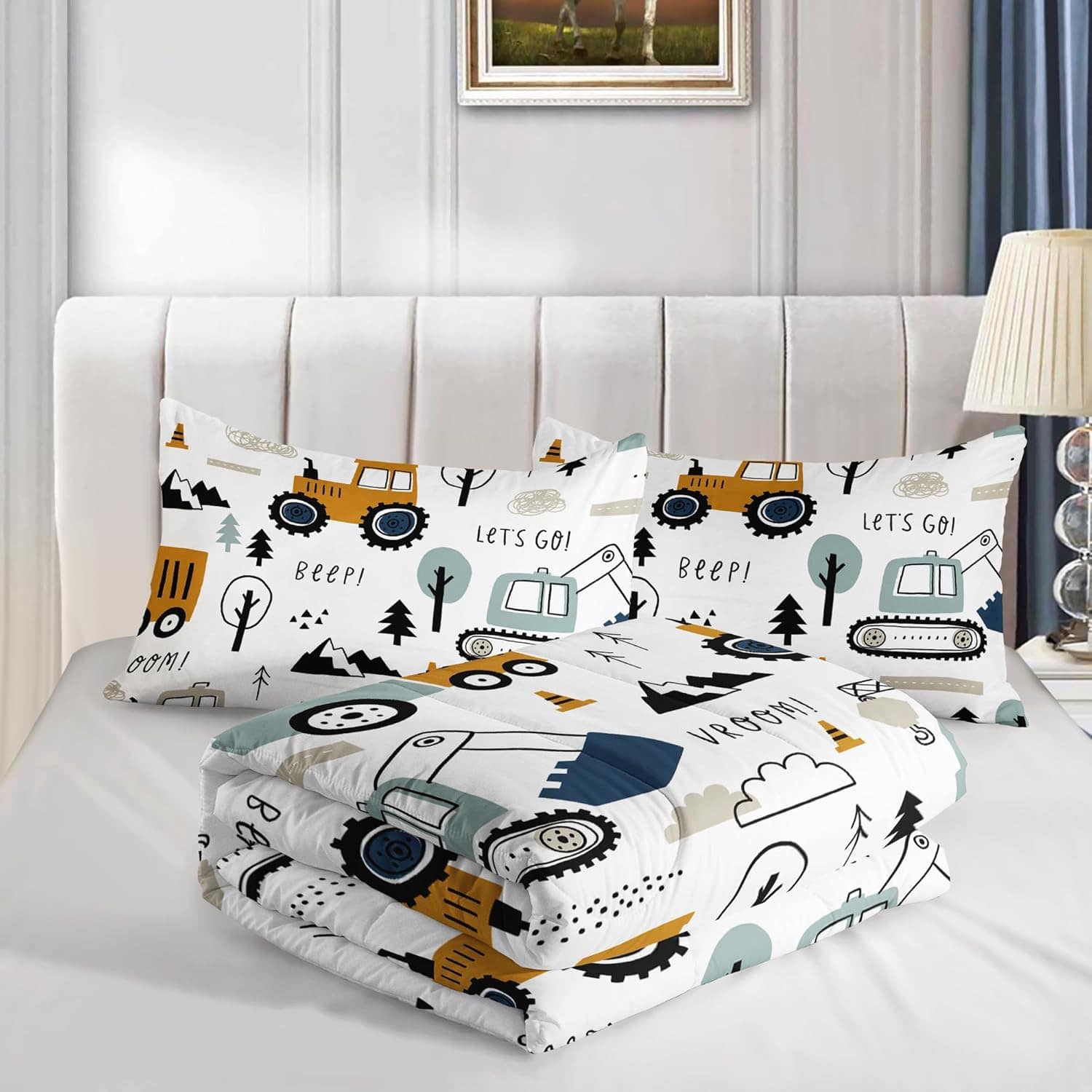 Wikistore - Kids Construction Car Comforter Set 3 Piece Twin Size Bedding with 2 Pillowcases - As Picture