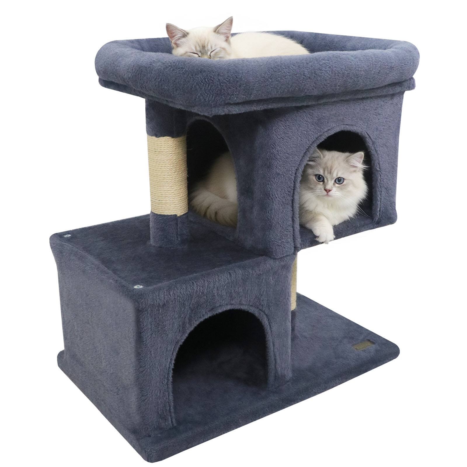 Gymax - 25.5'' Cat Tree w/2 Large Condo Padded Top Perch Sisal Scratching Posts for Cats Grey