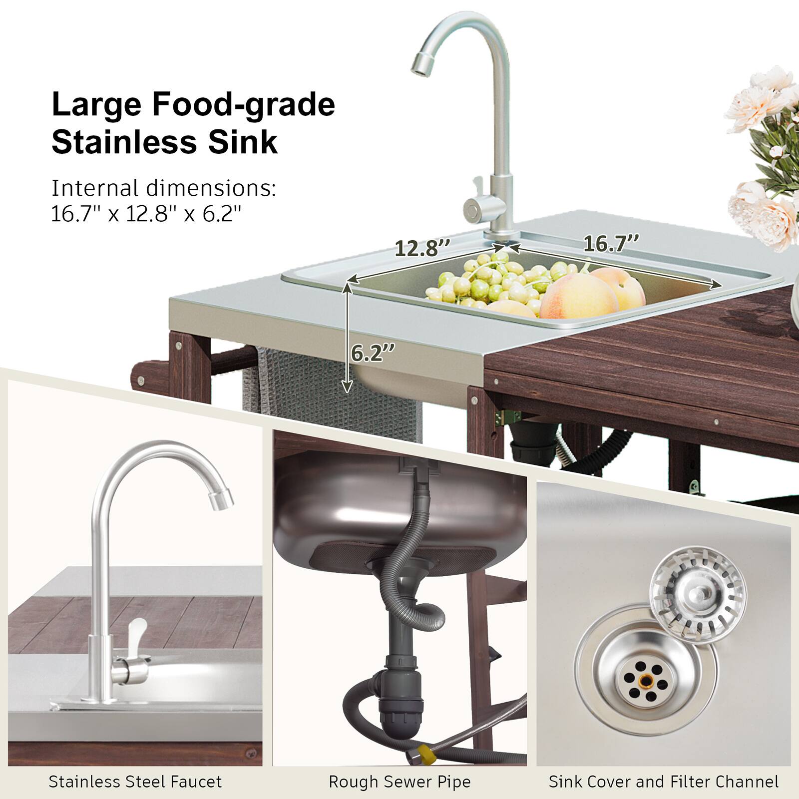 Large Food-grade Stainless Sink  
Internal dimensions: 16.7" x 12.8" x 6.2"  

Stainless Steel Faucet  
Rough Sewer Pipe  
Sink Cover and Filter Channel