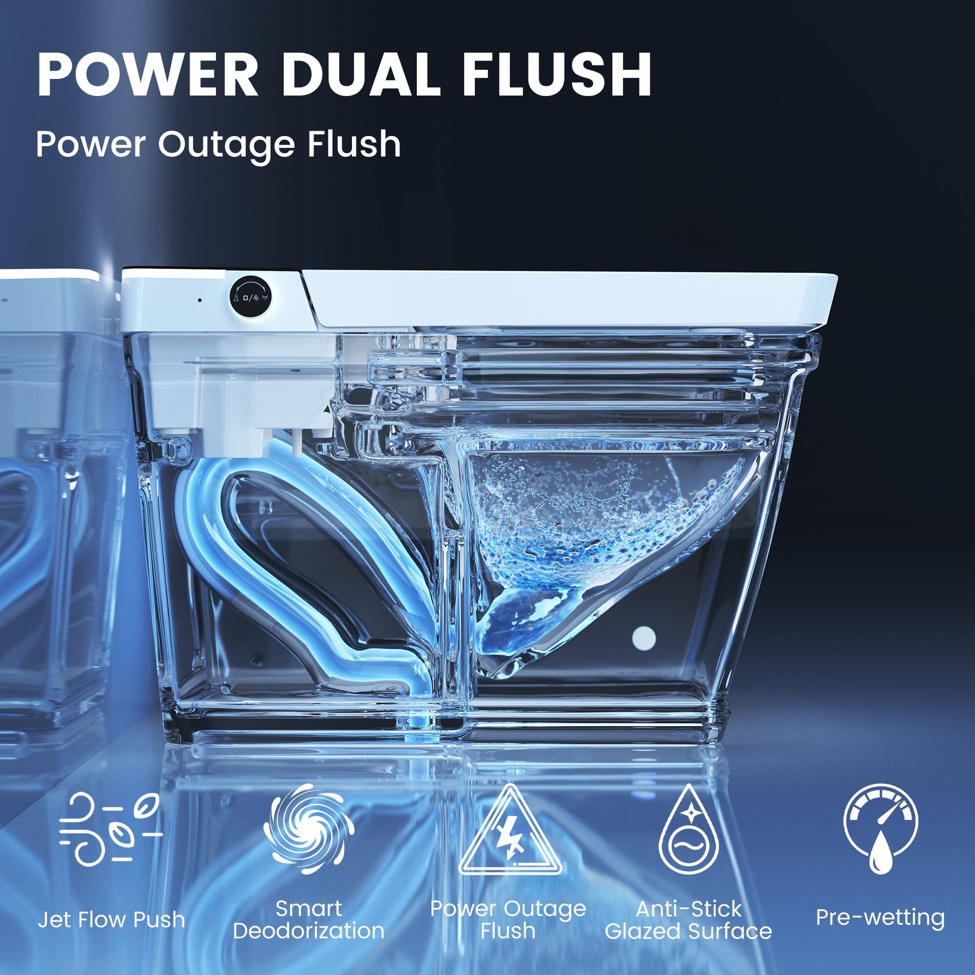 POWER DUAL FLUSH  
Power Outage Flush  

- Jet Flow Push  
- Smart Deodorization  
- Power Outage Flush  
- Anti-Stick Glazed Surface  
- Pre-wetting