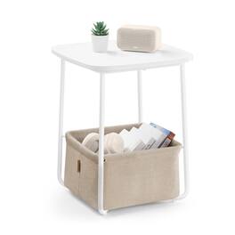 Songmics Home - Side Table, End Table with Fabric Basket, Modern Nightstand, Square Bedside Table, for Living Room, Bedroom - Matte White and Camel Brown
