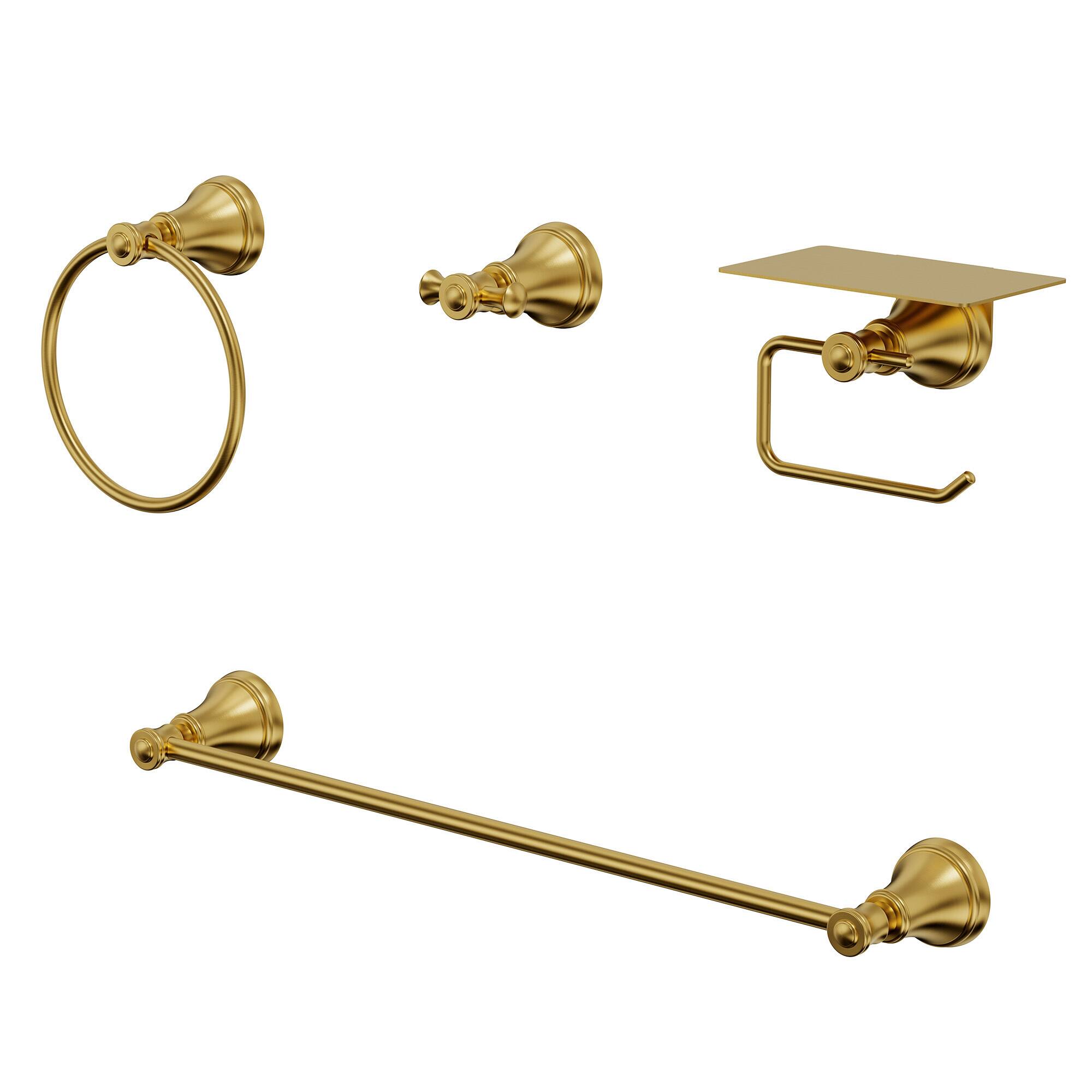 Front. GRANDJOY - 4-Piece Bathroom Hardware Set with Phone Storage Shelf Toilet Paper Holder & 24 Inch Towel Bar - Brushed Gold.