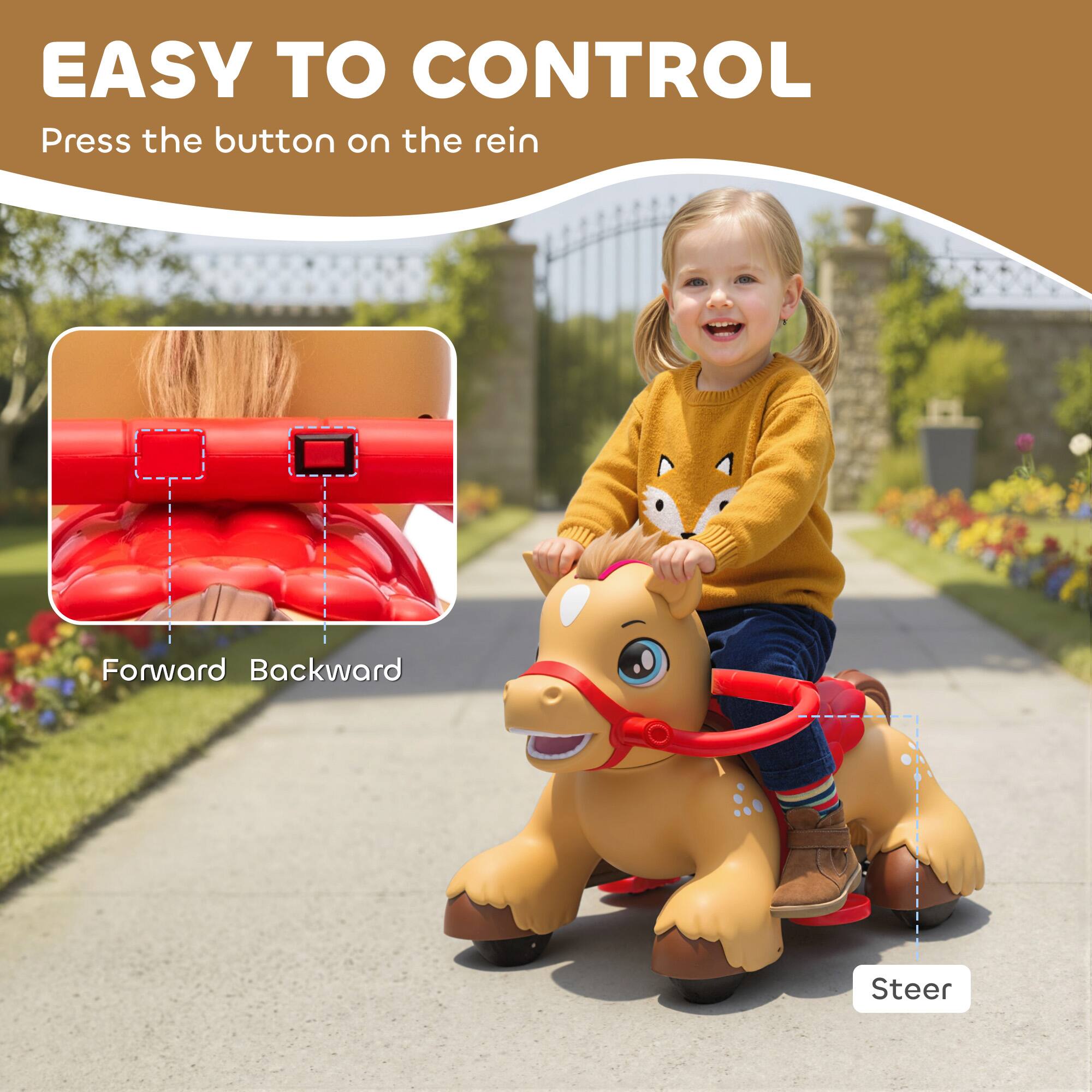 EASY TO CONTROL  
Press the button on the rein  
Forward Backward  
Steer