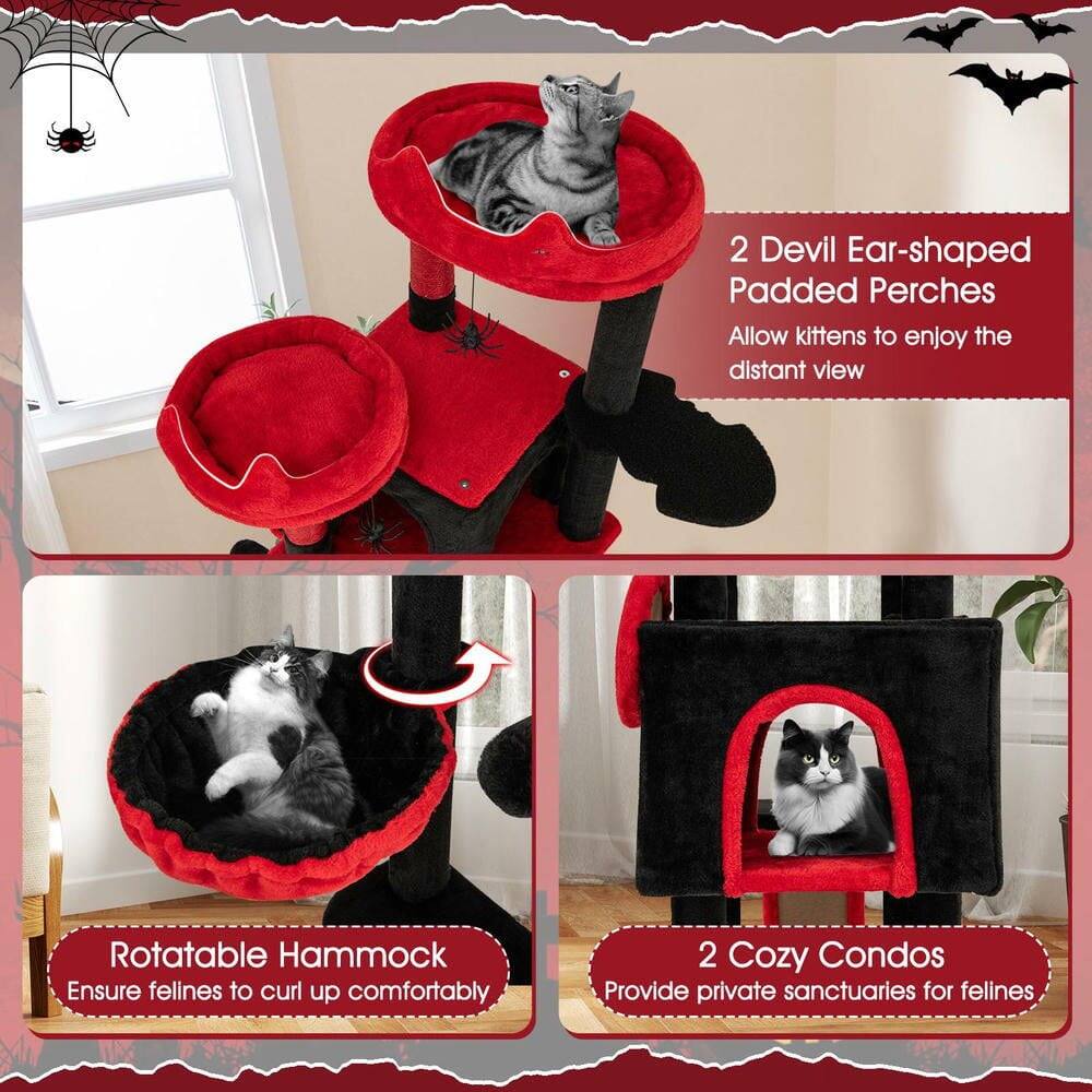 2 Devil Ear-shaped Padded Perches  
Allow kittens to enjoy the distant view  

Rotatable Hammock  
Ensure felines to curl up comfortably  

2 Cozy Condos  
Provide private sanctuaries for felines