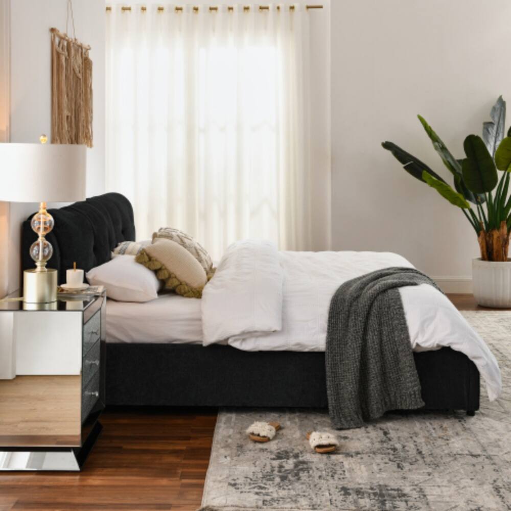 Angle. LUCKY ONE - King Size Storage Upholstered Hydraulic Platform Bed with Integrated Headboard, Chenille Fabric, No Box Spring Needed - Black.
