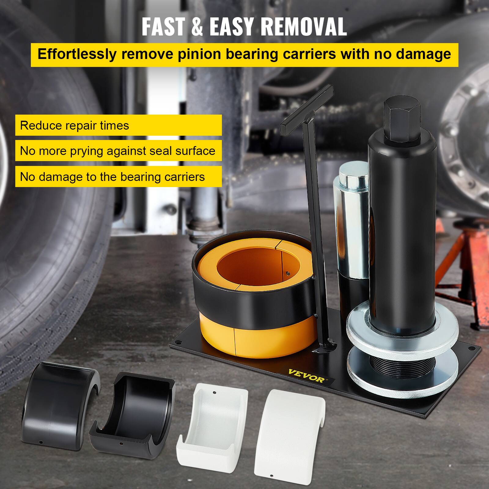 FAST & EASY REMOVAL

Effortlessly remove pinion bearing carriers with no damage

- Reduce repair times
- No more prying against seal surface
- No damage to the bearing carriers

VEVOR
