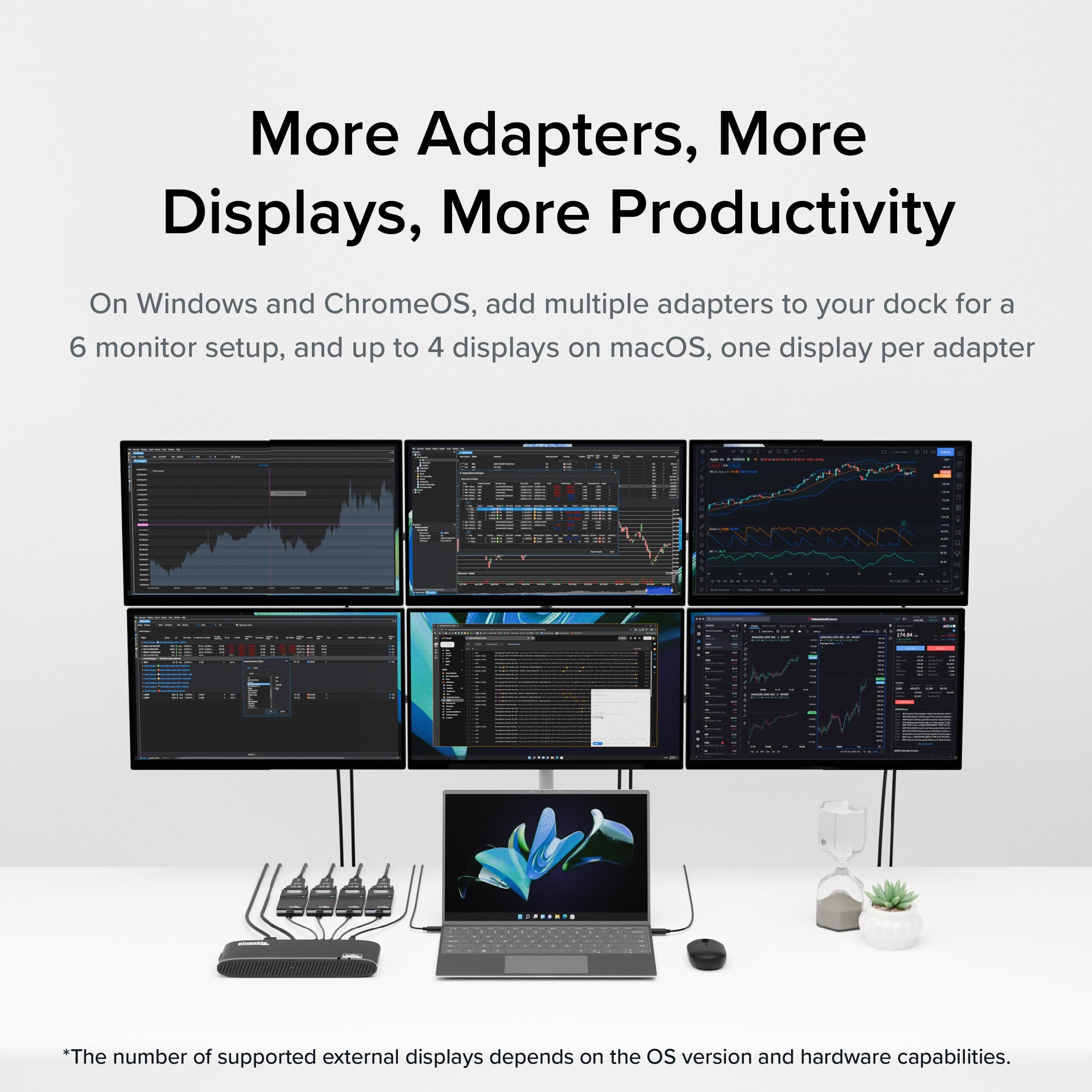 More Adapters, More Displays, More Productivity
On Windows and ChromeOS, add multiple adapters to your dock for a 6 monitor setup, and up to 4 displays on macOS, one display per adapter
*The number of supported external displays depends on the OS version and hardware capabilities.