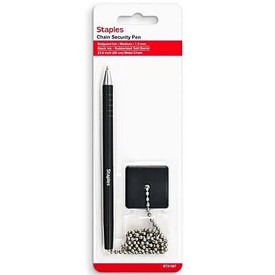 Staples  
Chain Security Pen  
Ballpoint Medium I  
Black  
Packaged in a Metal Chain  
12.4" (31.5 cm) Metal Chain  
Staples SMPTE  
#751108
