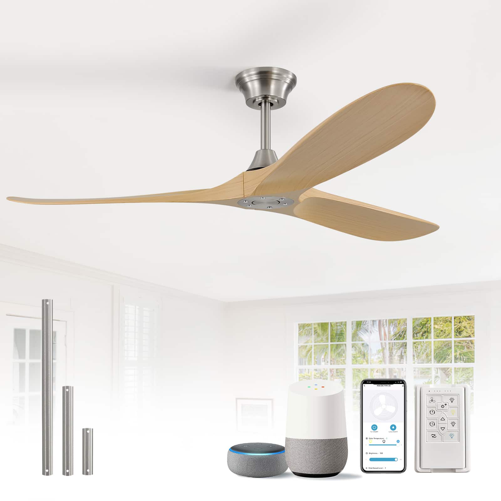 Front. Sofucor - 60 Inch Smart Ceiling Fan No Light and Remote/APP/Voice Control Work with Alexa High CFM Ceiling Fan - Silver.