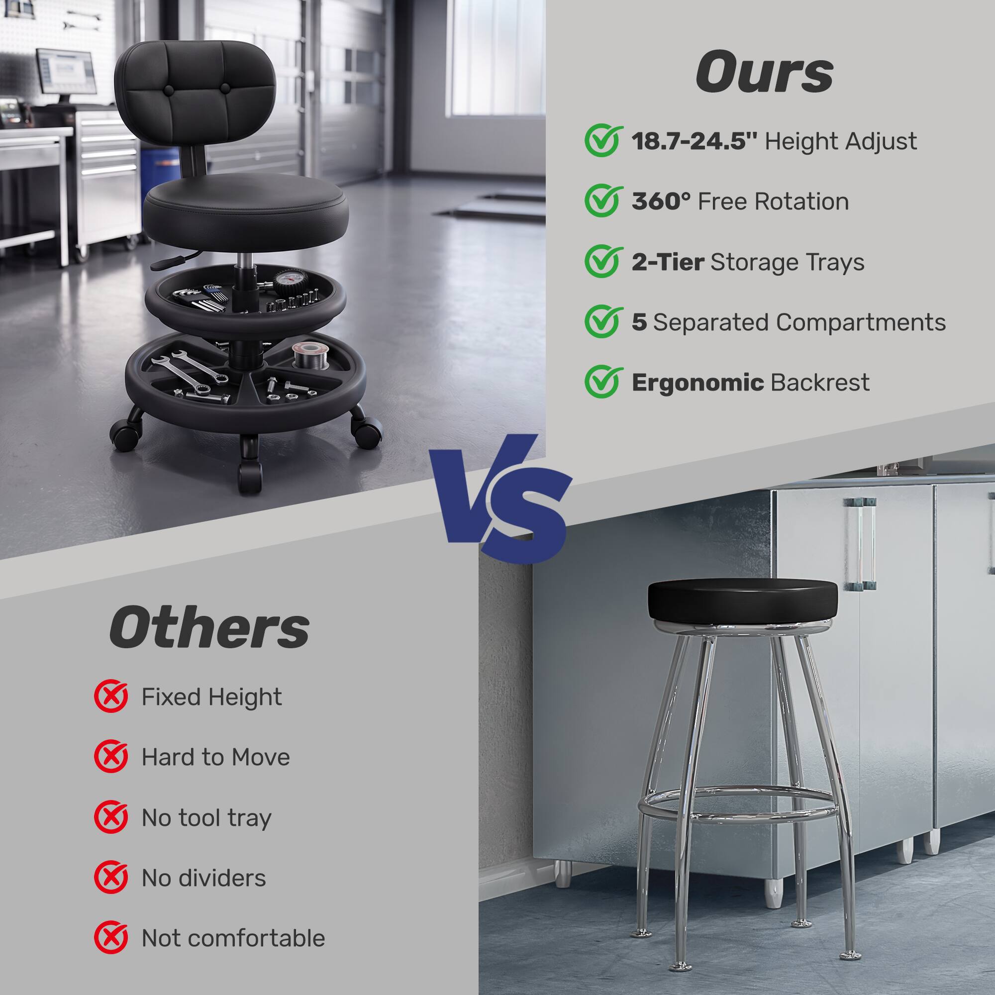 Ours
- 18.7-24.5" Height Adjust
- 360° Free Rotation
- 2-Tier Storage Trays
- 5 Separated Compartments
- Ergonomic Backrest

Others
- Fixed Height
- Hard to Move
- No tool tray
- No dividers
- Not comfortable