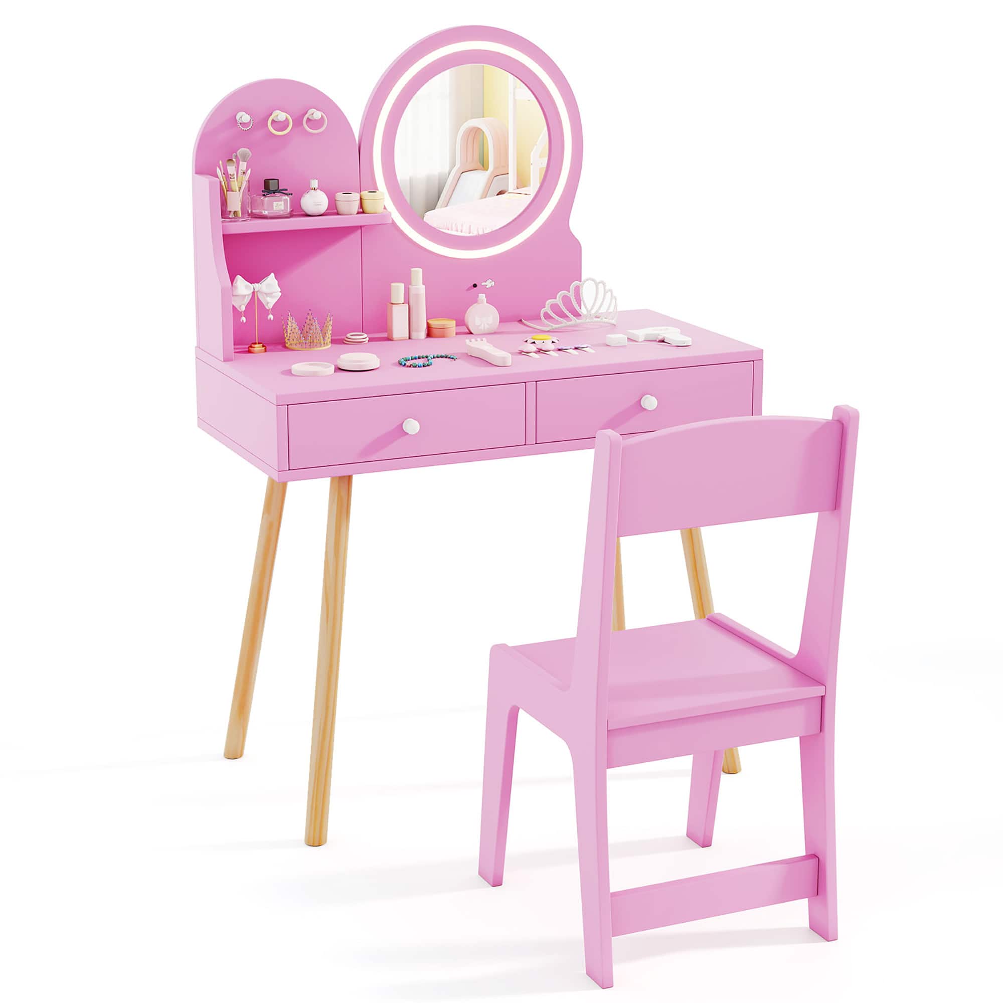 Gymax - Kids Vanity Set w/ Lighted Mirror Princess Makeup Dressing Desk & Chair Set - Pink