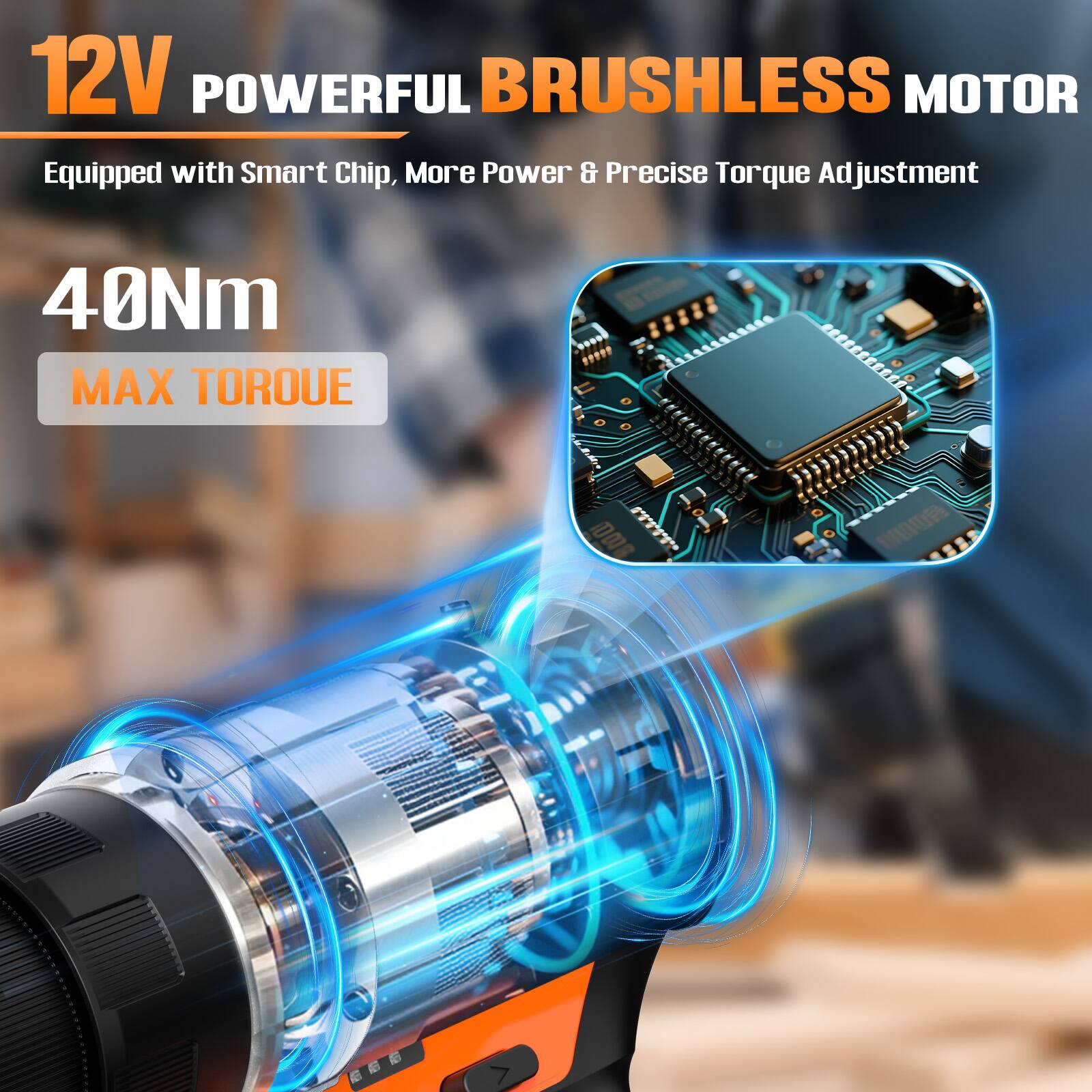 12V POWERFUL BRUSHLESS MOTOR  
Equipped with Smart Chip, More Power & Precise Torque Adjustment  
40Nm MAX TORQUE