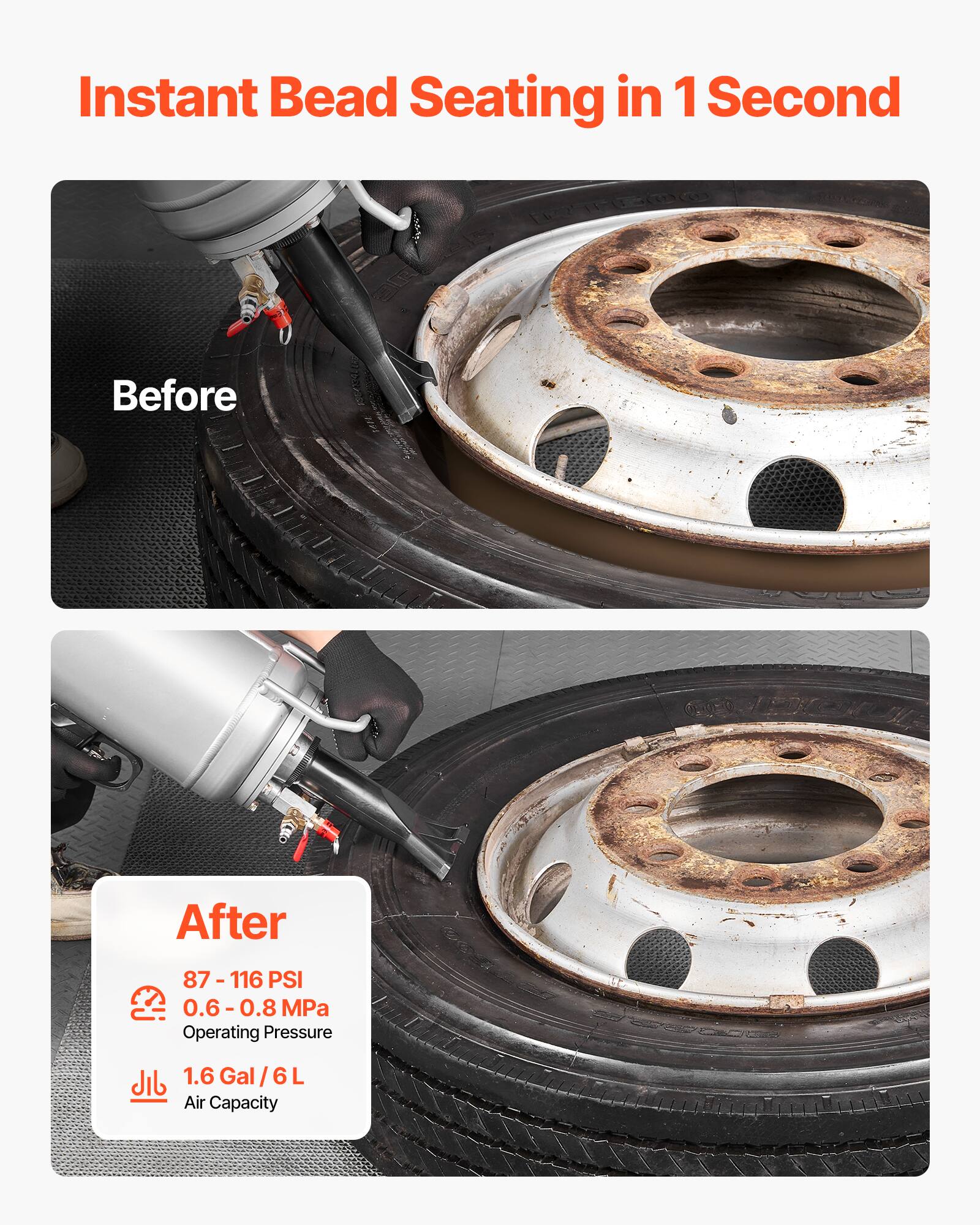 Instant Bead Seating in 1 Second

Before

After

87 - 116 PSI
0.6 - 0.8 MPa
Operating Pressure

1.6 Gal / 6 L
Air Capacity