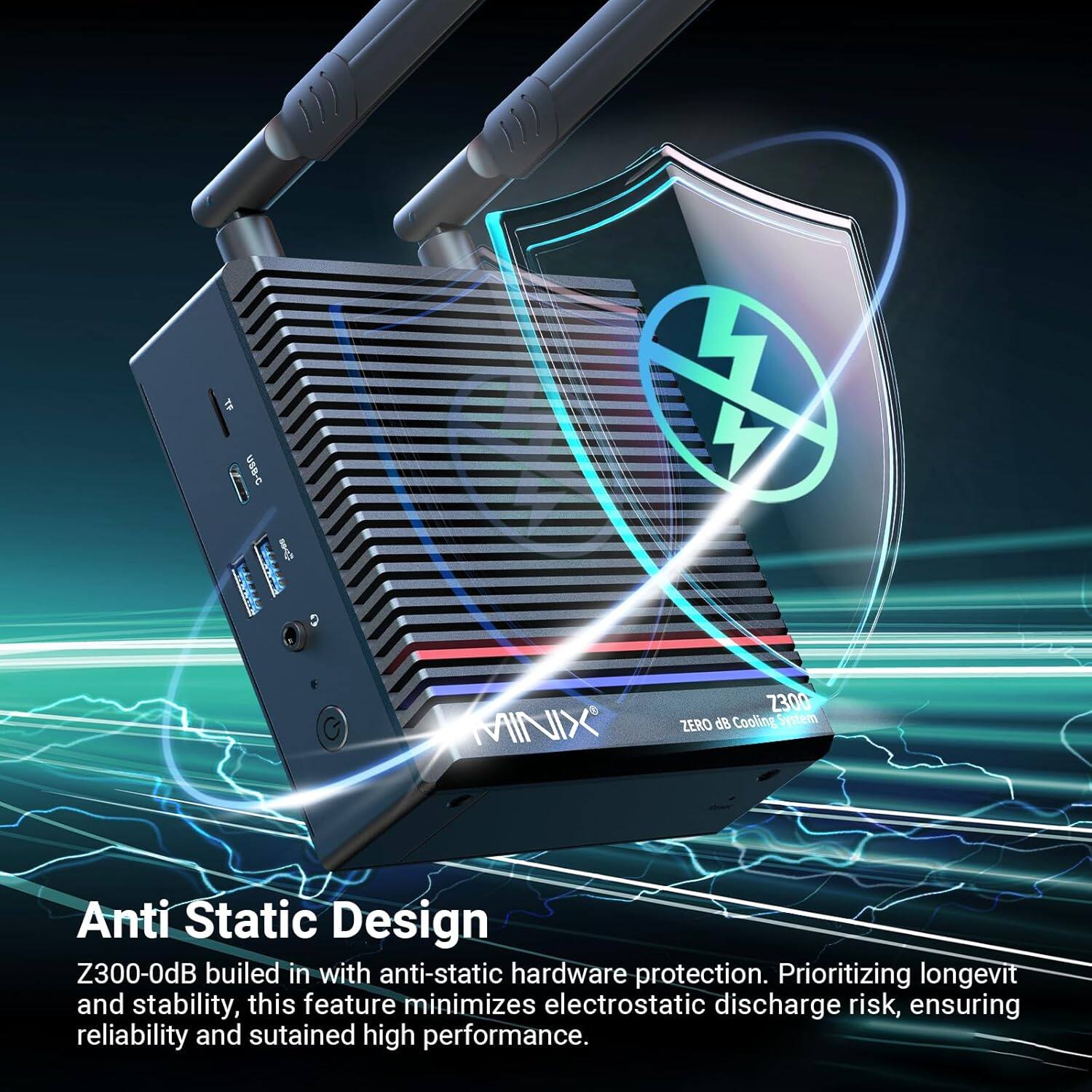 The image features a Minix 2300 Zero device with an anti-static design. This device has a USB-C port and is built with anti-static hardware protection to minimize electrostatic discharge risk and ensure reliability and sustained high performance. The device is also equipped with a cooling system to keep it running efficiently.