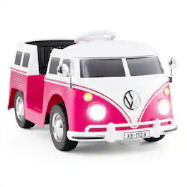 Costway - 12V Licensed Volkswagen Ride-on Bus with Cup Holder, LED Headlights, Music & Horn - Pink