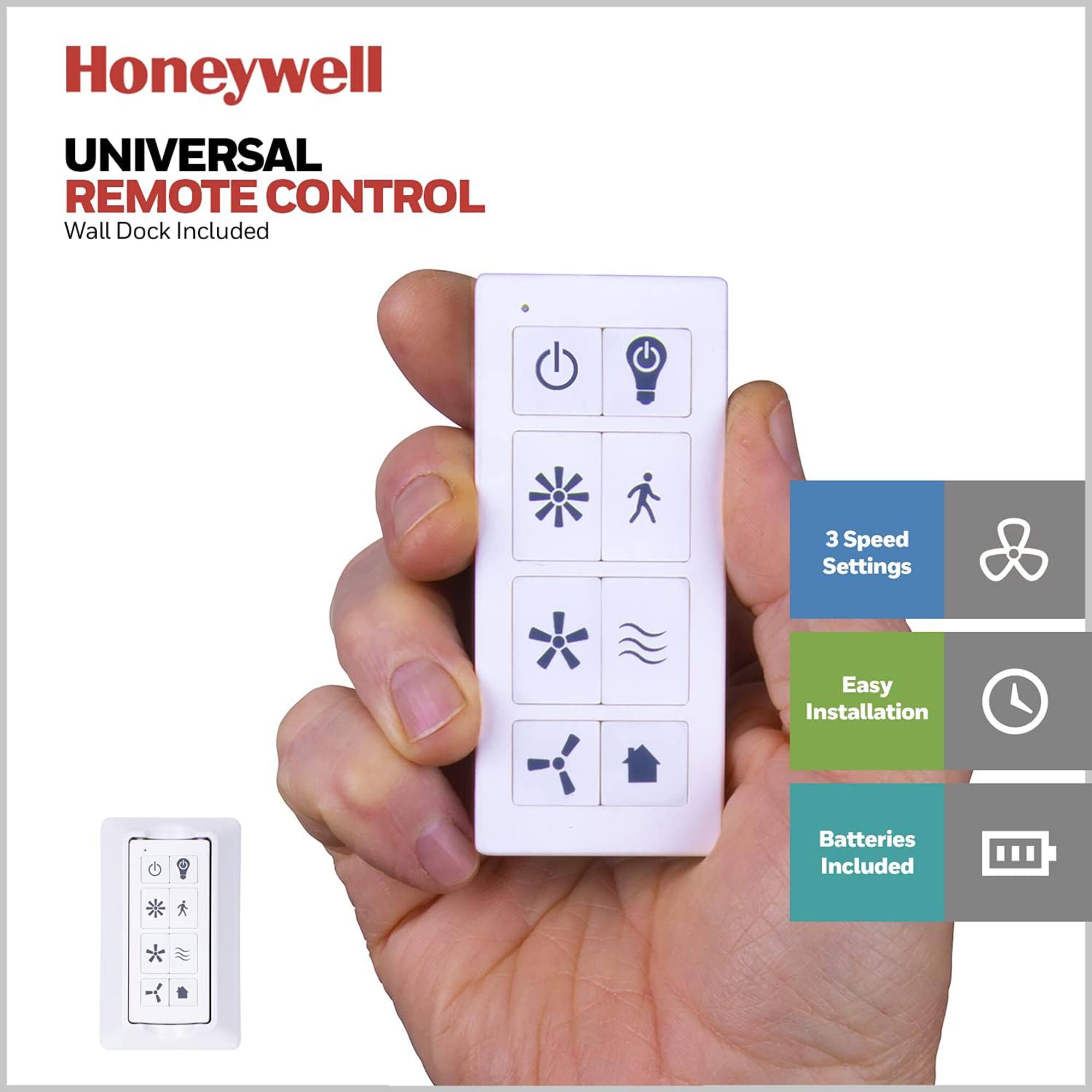 Honeywell UNIVERSAL REMOTE CONTROL Wall Dock Included 3 Speed Settings Easy Installation Batteries Included
