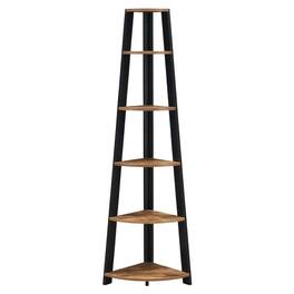 FurniFact - Contemporary Black 5-Tier Corner Bookshelf with Particle Board Design - Barnwood