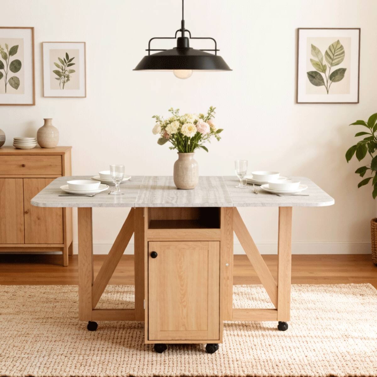 Angle. Loheer - Loheer Folding Dining Table with Storage Cabinet, Rolling Kitchen Island Cart for Small Spaces - Light Oak and Slate.