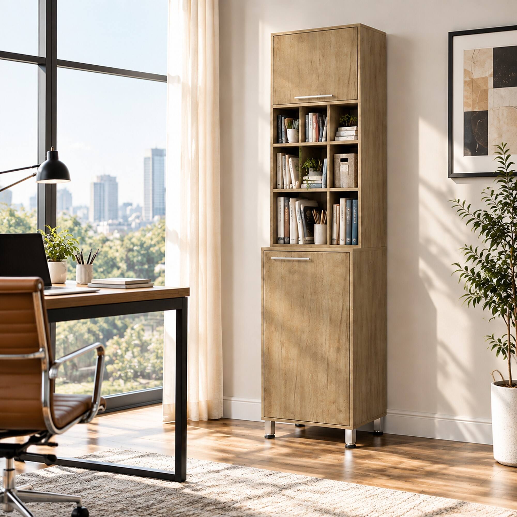 Left. RYHNUYNE - Freestanding 80 Inch Double Door Kitchen Pantry Cabinet with 6 Cubbies and 4 Interior Shelves, Tall Storage - Light Oak.