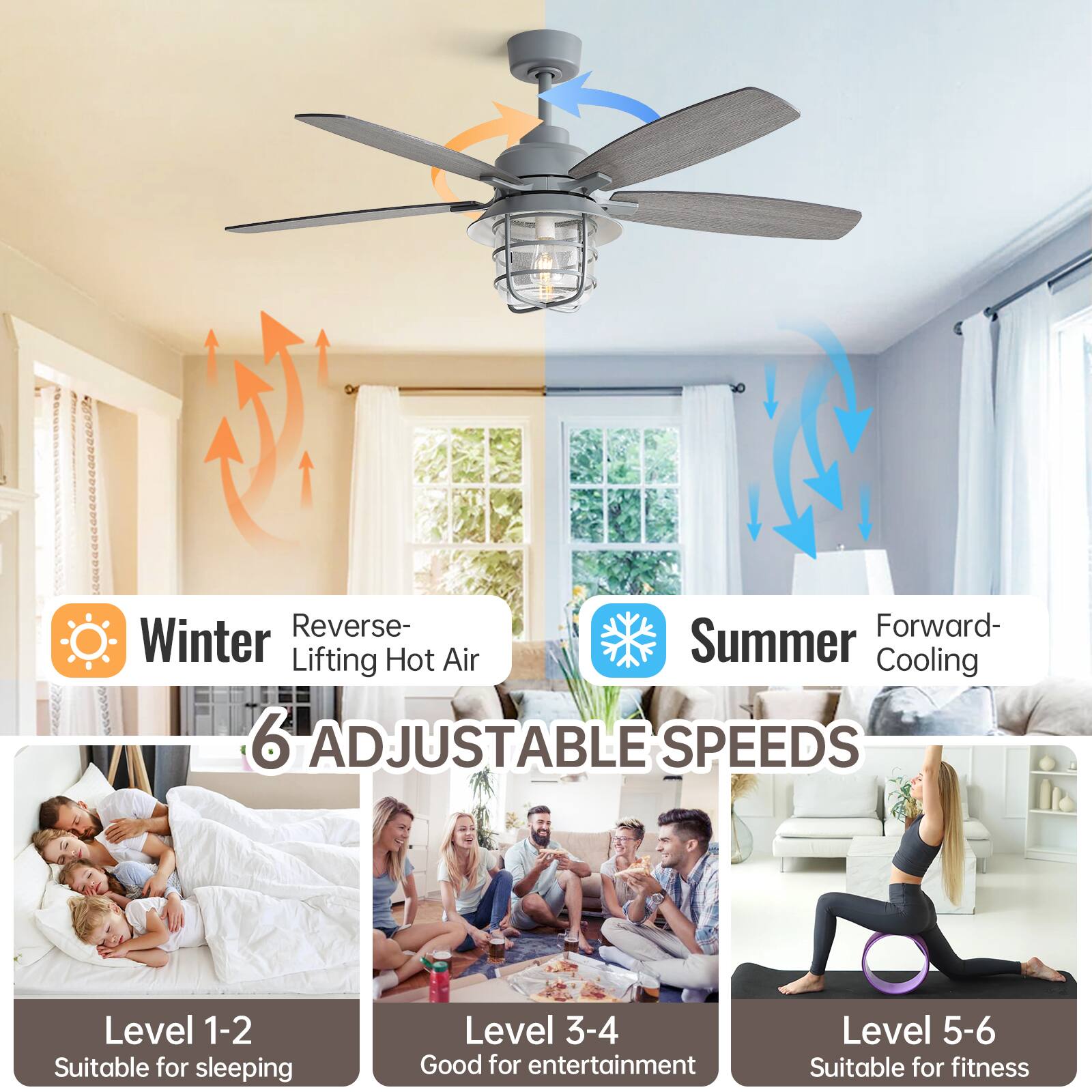 Reverse- Forward- Winter Lifting Hot Air Summer Cooling  
6 ADJUSTABLE SPEEDS  
Level 1-2 Suitable for sleeping  
Level 3-4 Good for entertainment  
Level 5-6 Suitable for fitness