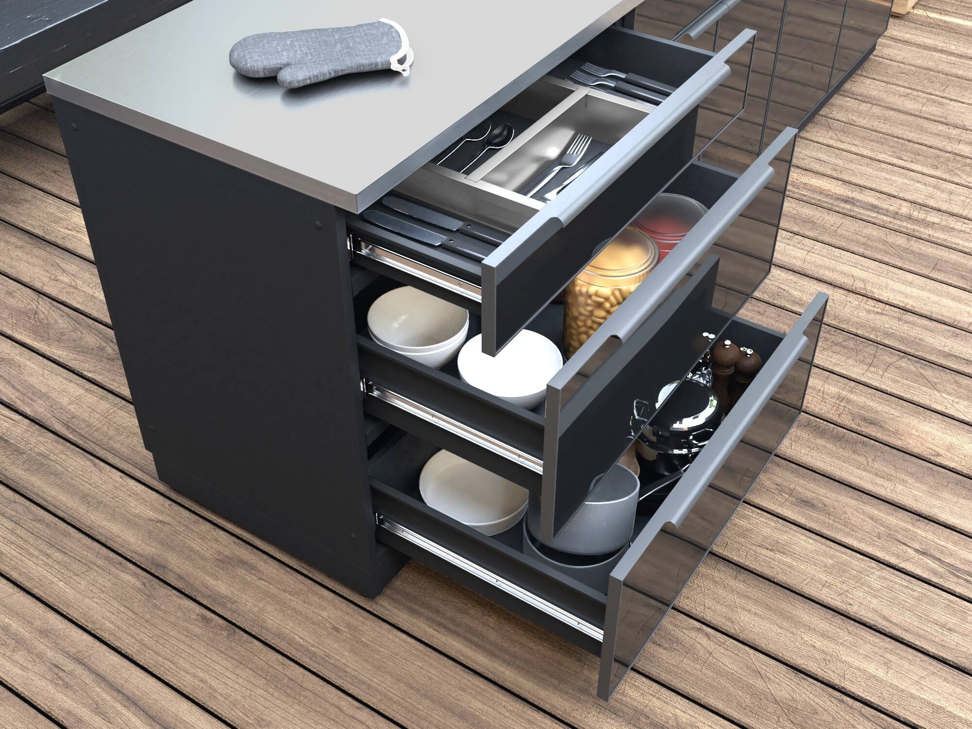 Alt View 5. NewAge Products - Outdoor Kitchen Aluminum 5 Piece Cabinet Set With 3 Drawer, Bar, Grill Cabinet, Performance Grill and Countertop - Black.