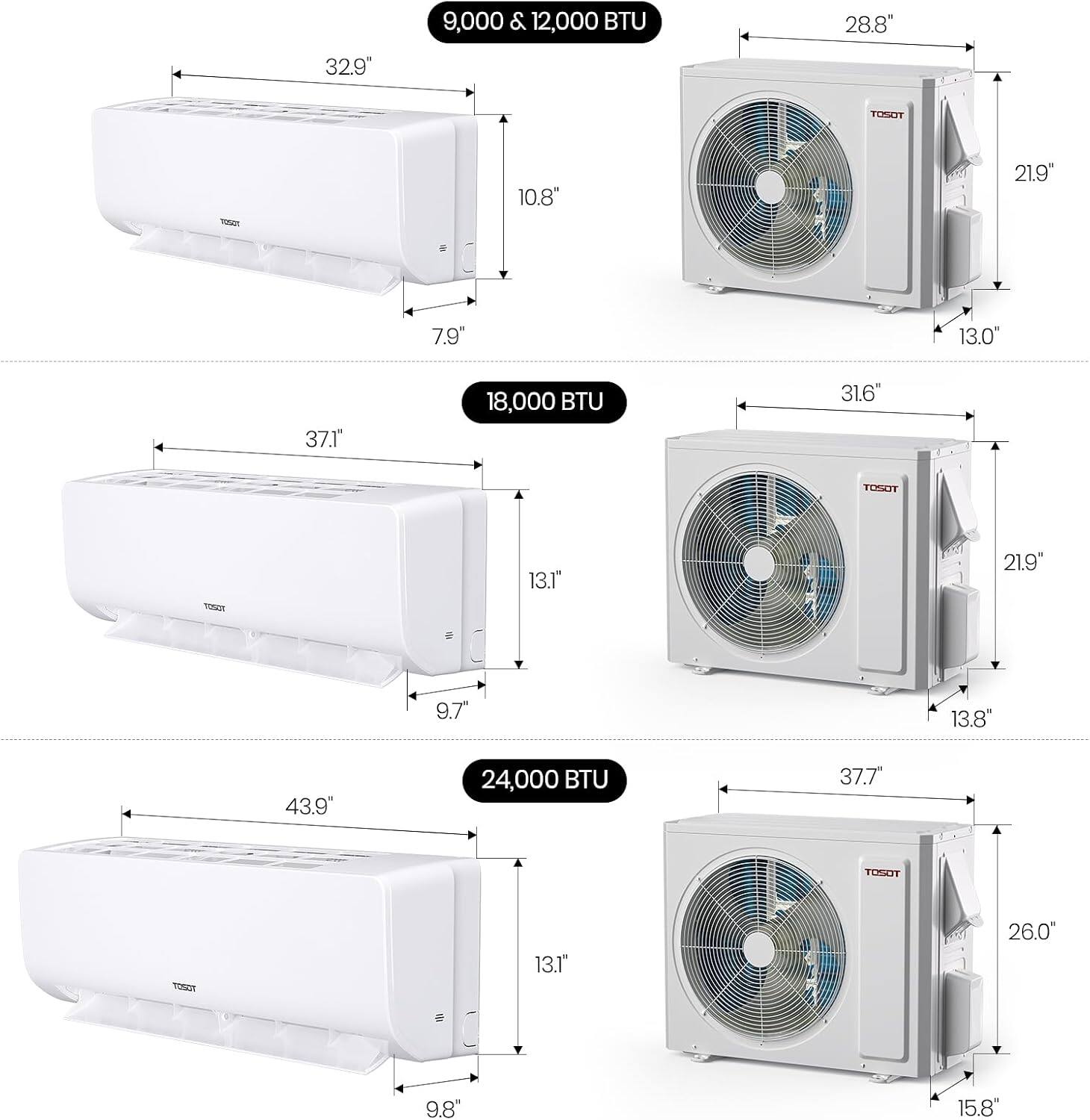 9,000 & 12,000 BTU  
28.8"  
32.9"  
10.8"  
7.9"  
13.0"  

18,000 BTU  
31.6"  
37.1"  
13.1"  
9.7"  
13.8"  

24,000 BTU  
37.7"  
43.9"  
13.1"  
26.0"  
9.8"  
15.8"