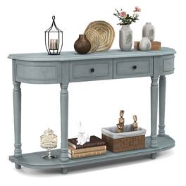 Costway - 52" Long Sofa Table with 2 Drawers & Open Shelf Retro Console Table with Storage - Blue