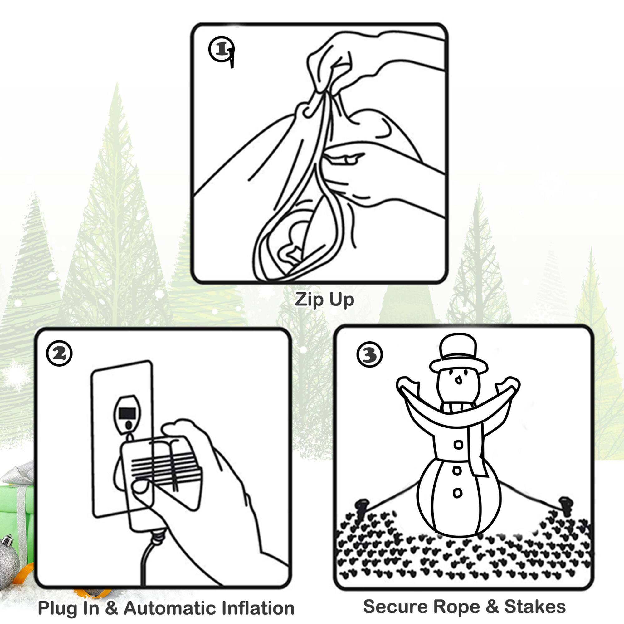 1. Zip Up  
2. Plug In & Automatic Inflation  
3. Secure Rope & Stakes