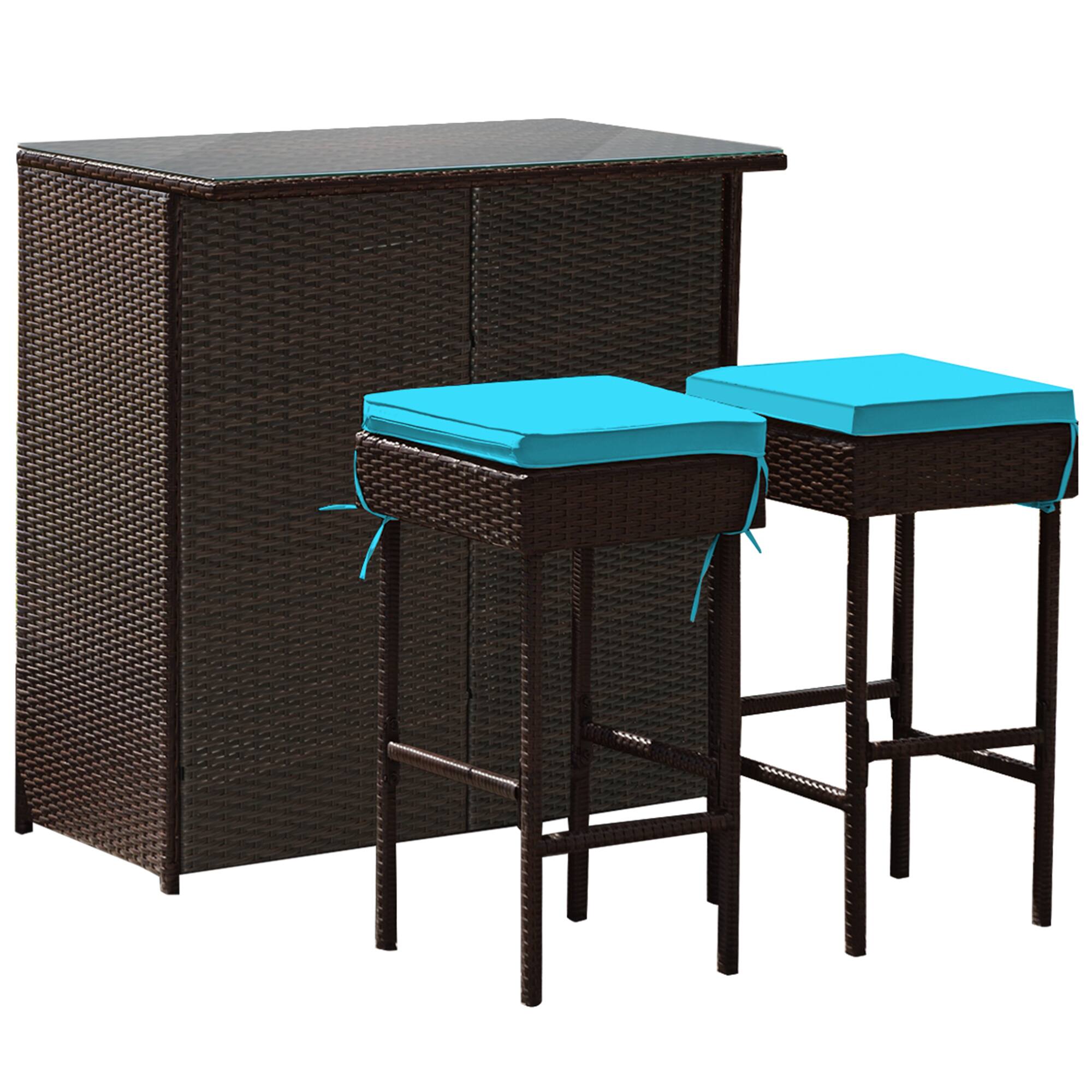 Alt View 4. Gymax - Gymax 3PCS Rattan Patio Bar Table & Stool Set Dining Set w/ Turquoise Cushion - as pic.