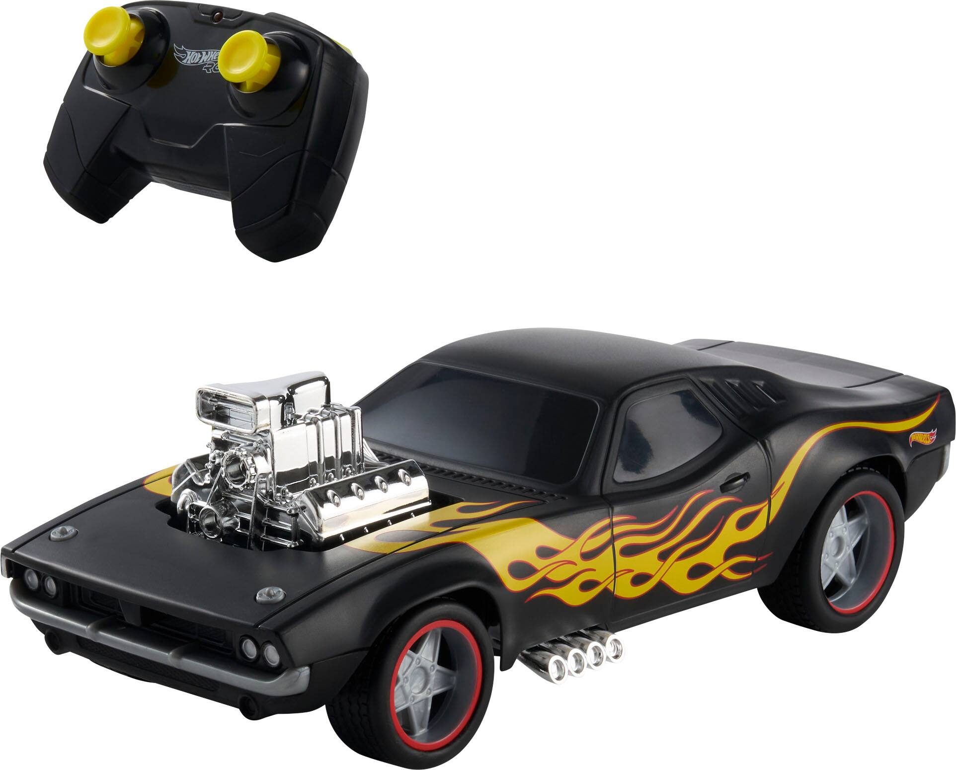 Back. Hot Wheels - Rodger Dodger Black with Yellow/Red Flames Remote Control 1:16 Scale Car.