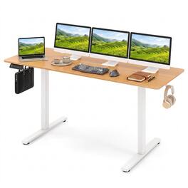 WELLFOR - 63" Electric Standing Desk with 3 Memory Heights and 2 Hanging Hooks, Adjustable Height Sit Stand Home Office Desk - Natural