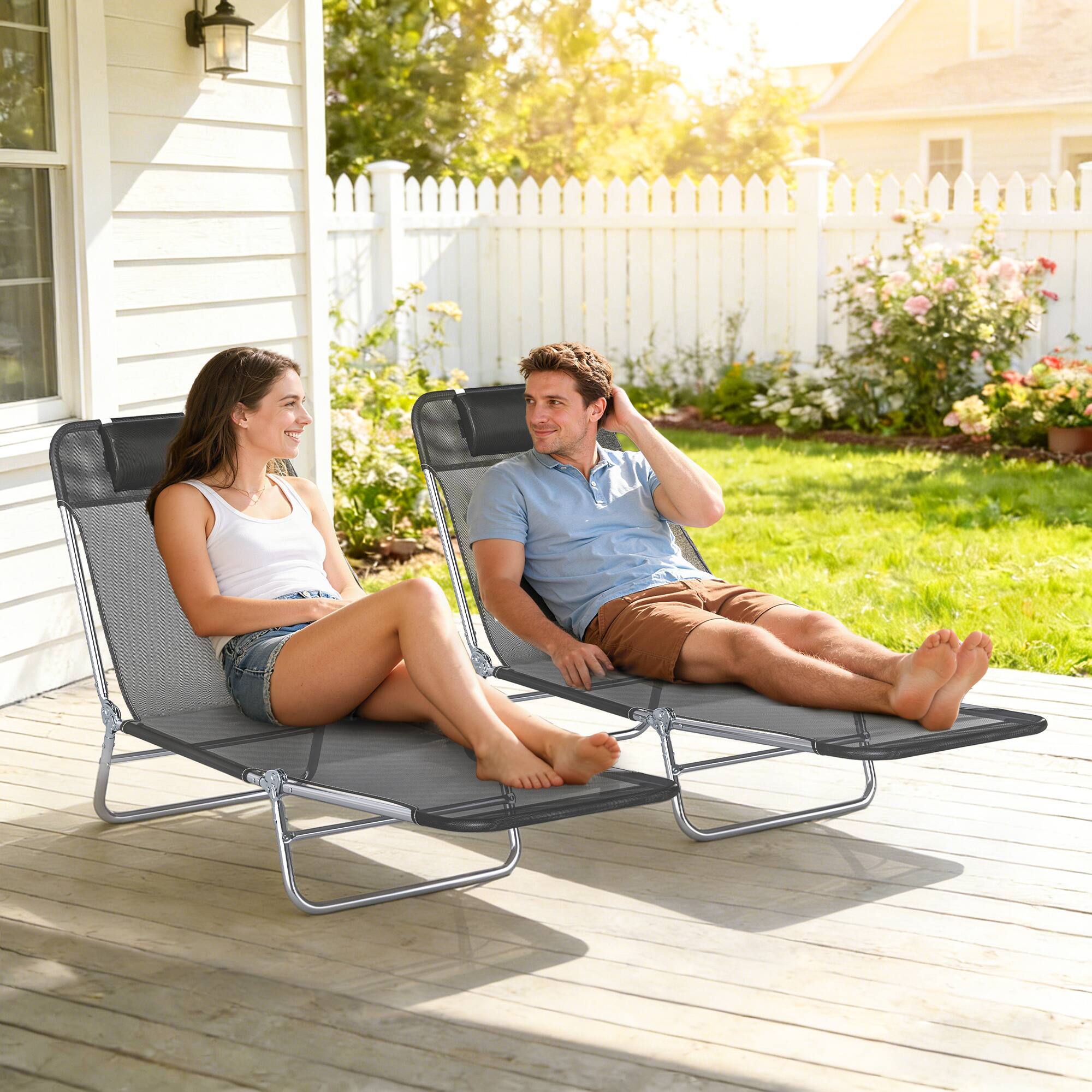 Alt View 7. Outsunny - Piece Sun Loungers, Folding Chaise Lounge Chairs with Reclining Back, Breathable Mesh Seat - Black.