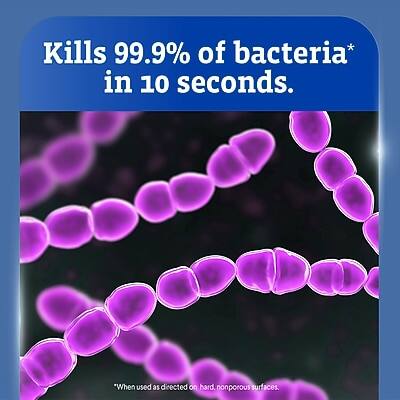 Kills 99.9% of bacteria* in 10 seconds.  
"When used as directed on hard, nonporous surfaces.