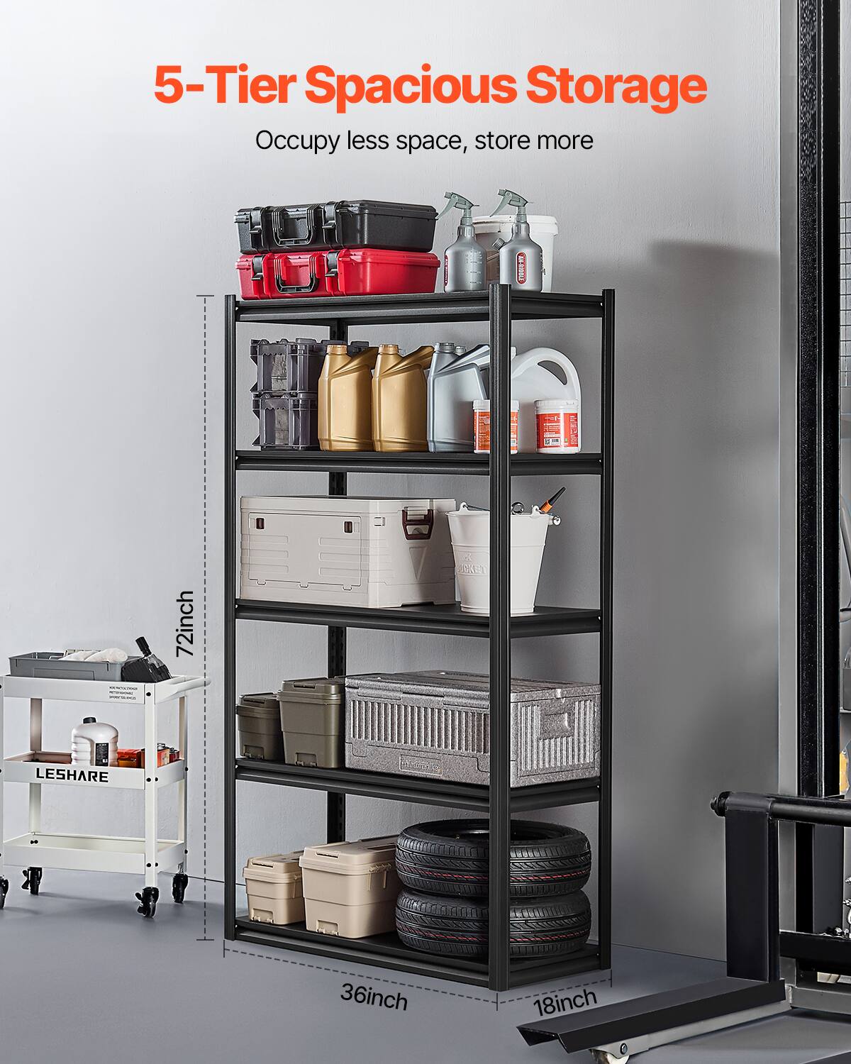 5-Tier Spacious Storage, Occupy less space, store more, 72inch, 36inch, 18inch