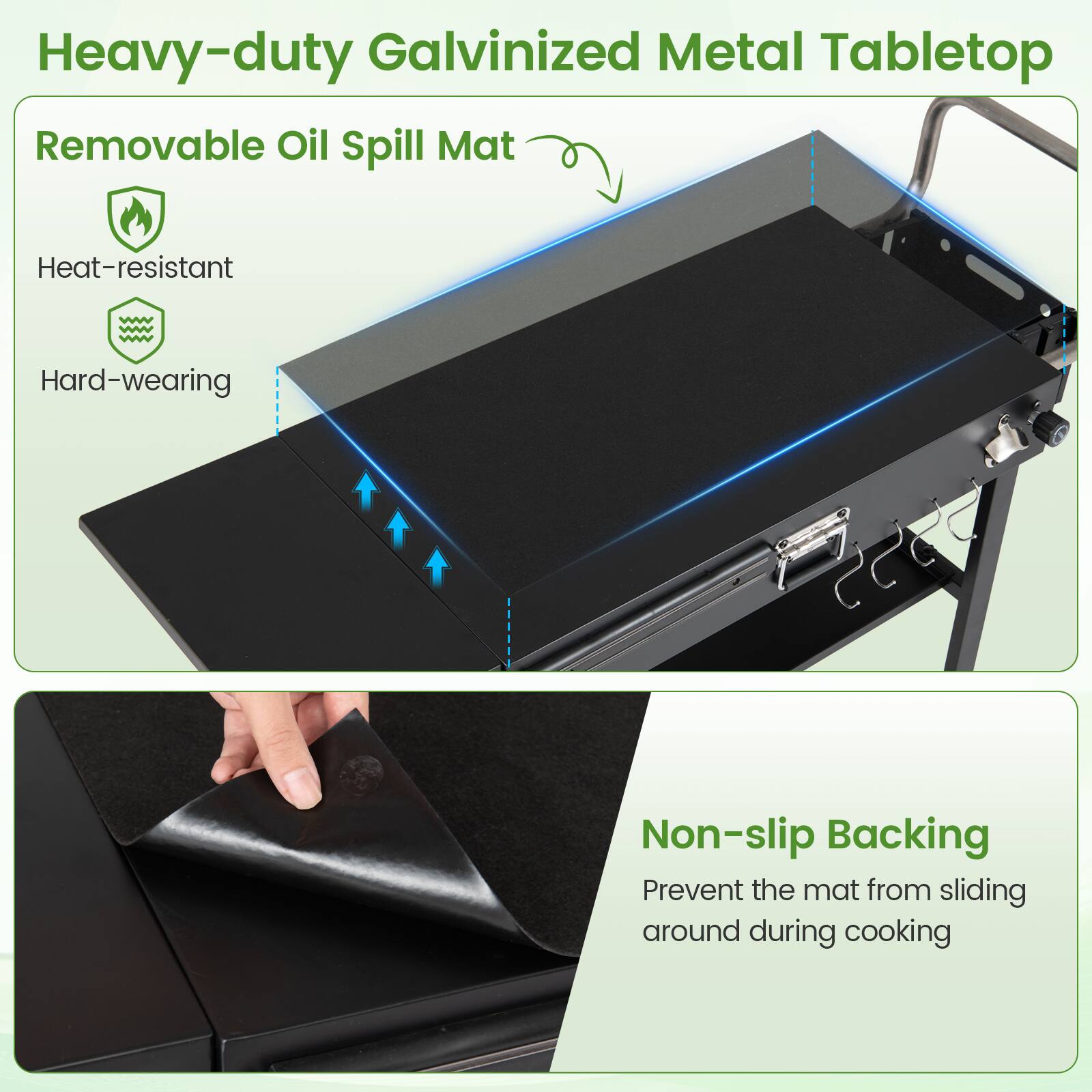 Heavy-duty Galvanized Metal Tabletop  
Removable Oil Spill Mat  
Heat-resistant  
Hard-wearing  
Non-slip Backing  
Prevent the mat from sliding around during cooking
