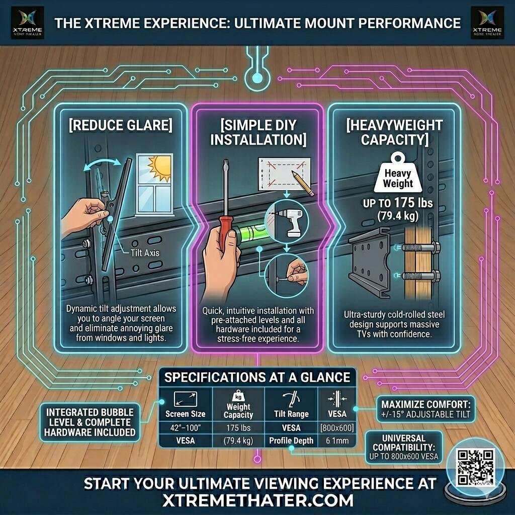 **THE XTREME EXPERIENCE: ULTIMATE MOUNT PERFORMANCE**

- **[REDUCE GLARE]**
  - Dynamic tilt adjustment allows you to angle your screen and eliminate annoying glare from windows and lights.

- **[SIMPLE DIY INSTALLATION]**
  - Quick, intuitive installation with pre-attached levels and all hardware included for a stress-free experience.

- **[HEAVYWEIGHT CAPACITY]**
  - Heavy Weight UP TO 175 lbs (79.4 kg)
  - Ultra-sturdy cold-rolled steel design supports massive TVs with confidence.

**SPECIFICATIONS AT A GLANCE**

- **INTEGRATED BUBBLE LEVEL & COMPLETE HARDWARE INCLUDED**
- **Screen Size:** 42"-100"
- **Weight Capacity:** 175 lbs (79.4 kg)
- **Tilt Range:** +/-15°
- **VESA:** 800x600
- **Profile Depth:** 6 1mm

**MAXIMIZE COMFORT:**
- **ADJUSTABLE TILT VESA**

**UNIVERSAL COMPATIBILITY:**
- UP TO 800x600 VESA

**START YOUR ULTIM