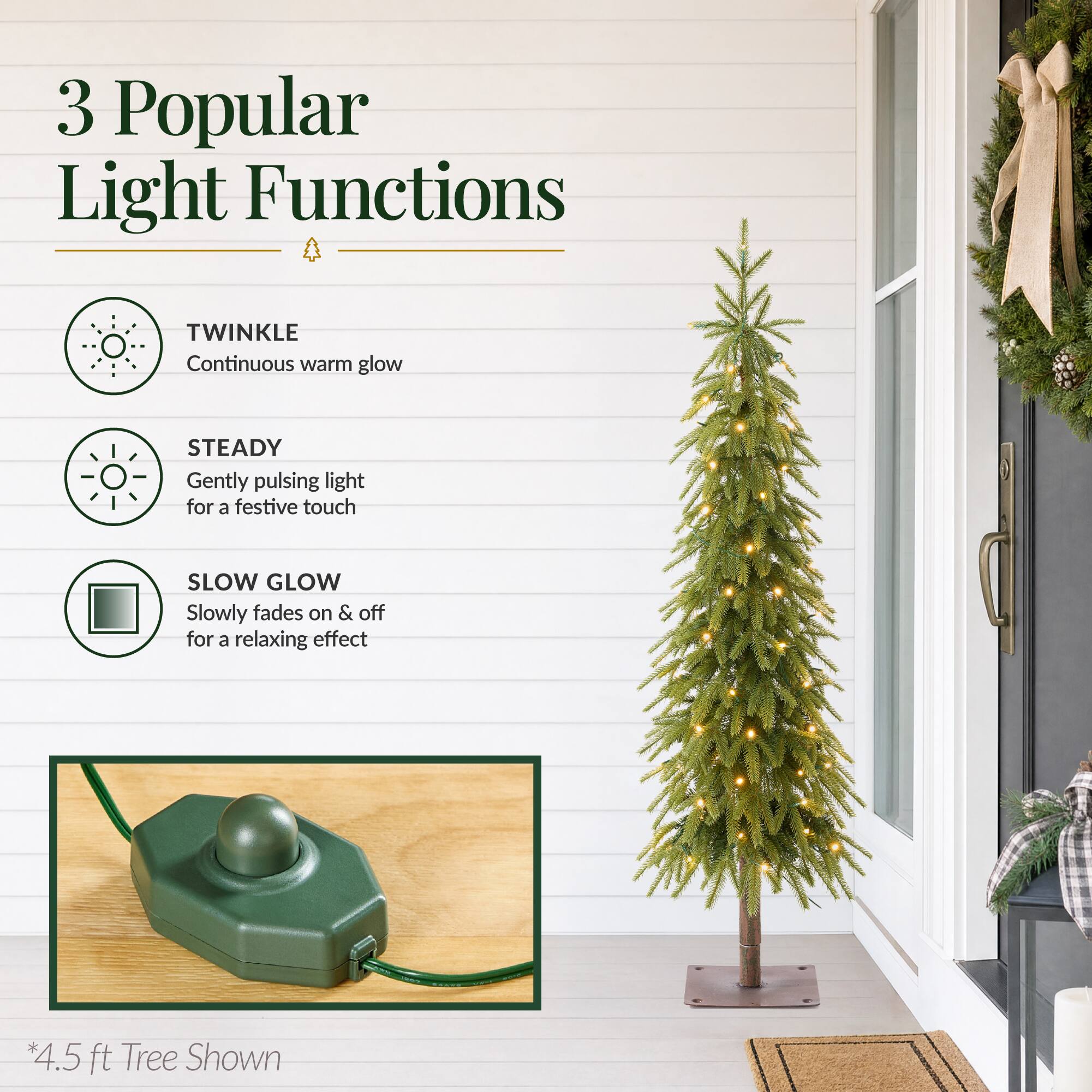3 Popular Light Functions

TWINKLE  
Continuous warm glow

STEADY  
Gently pulsing light for a festive touch

SLOW GLOW  
Slowly fades on & off for a relaxing effect

*4.5 ft Tree Shown
