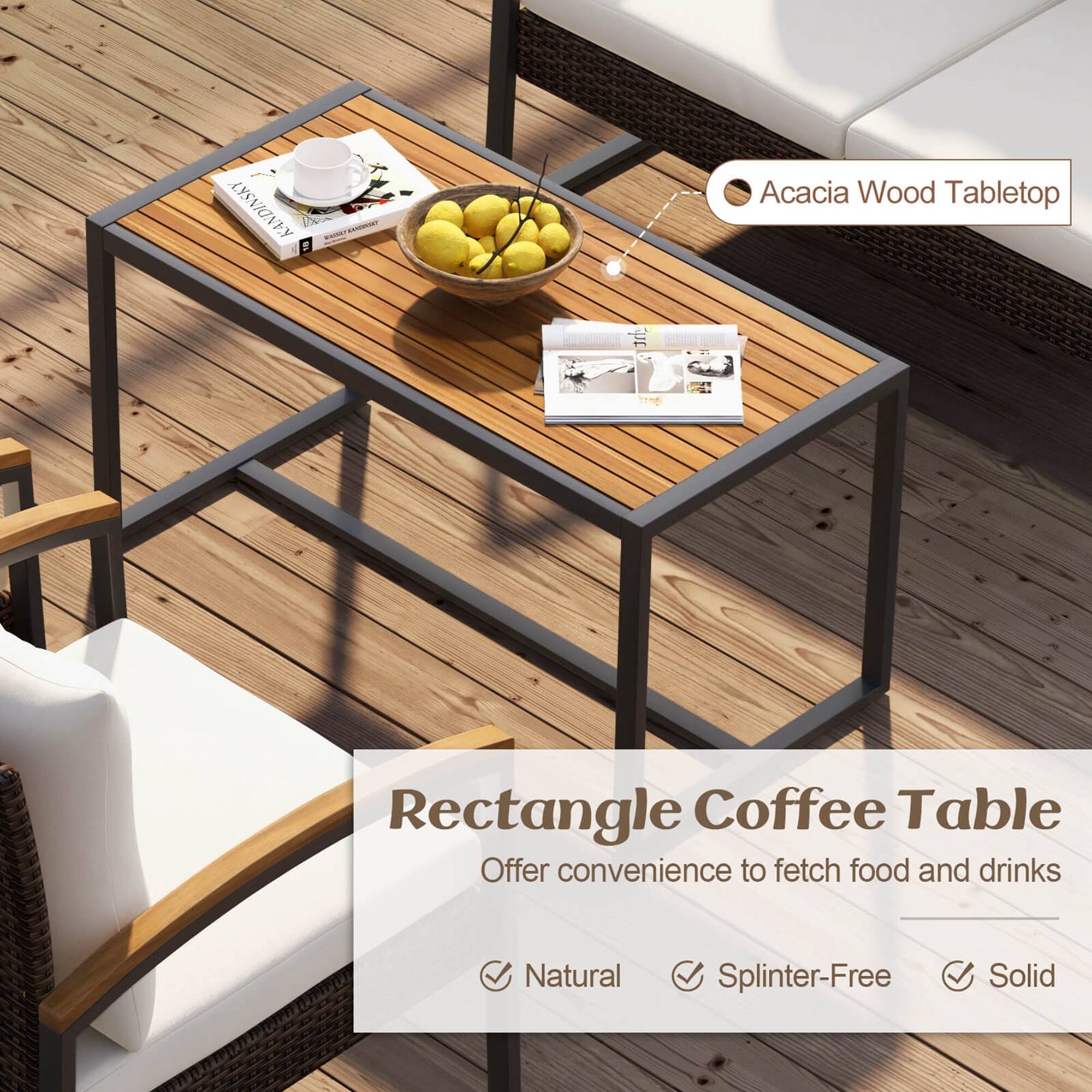 The text on the image reads: "Rectangle Coffee Table Offer convenience to fetch food and drinks Natural Splinter-Free Solid Acacia Wood Tabletop."