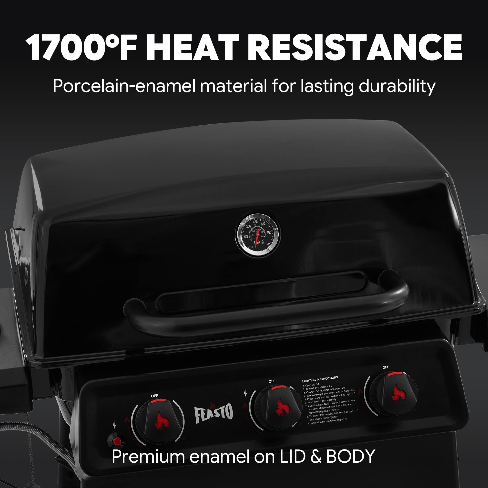 1700°F HEAT RESISTANCE  
Porcelain-enamel material for lasting durability  

Premium enamel on LID & BODY