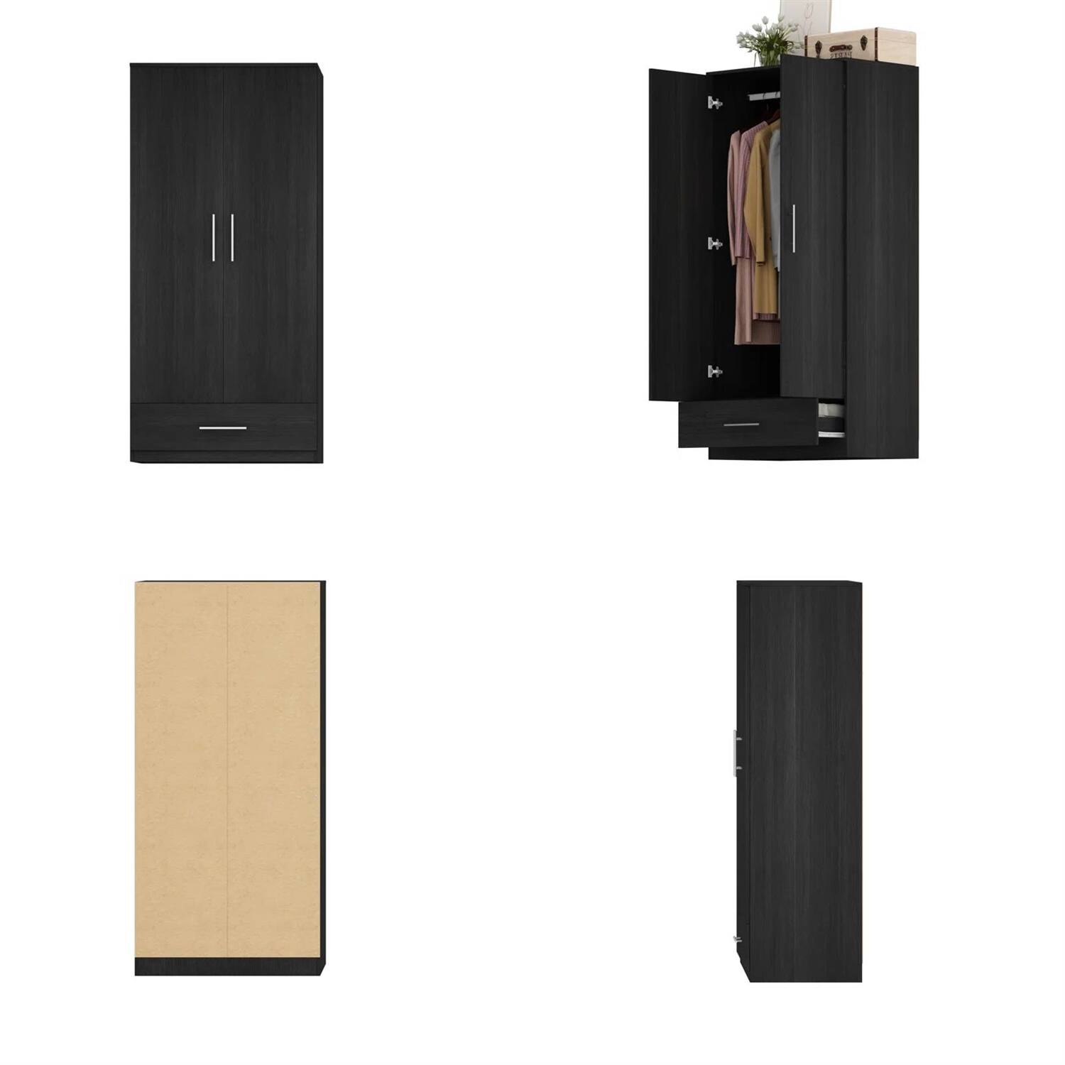 Back. Hivvago - Modern Armoire Wardrobe Closet Cabinet with Storage Drawer in Black Wood Finish - Black.