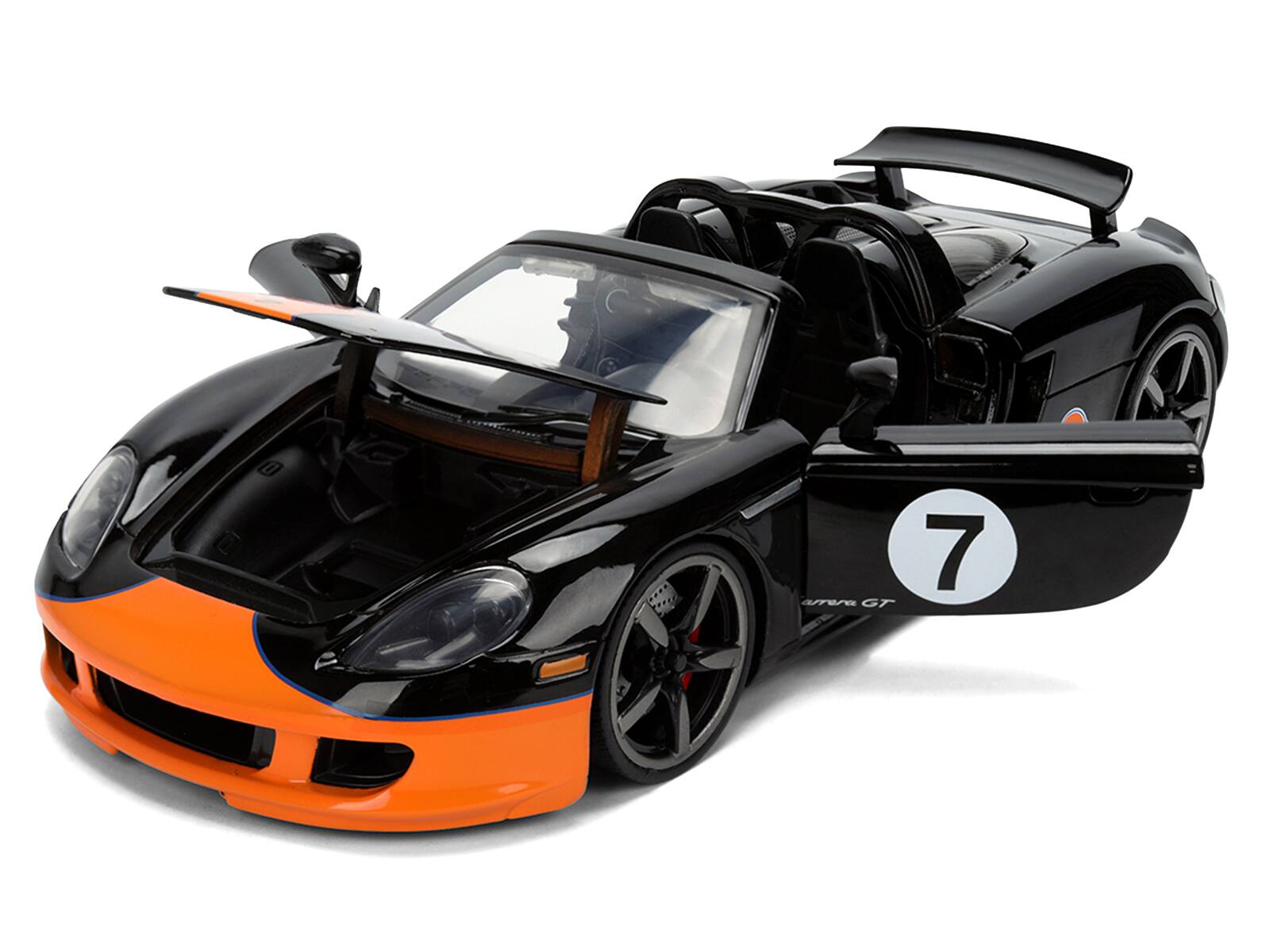 Alt View 1. Jada - Porsche Carrera GT Convertible #7 "Gulf Oil" Black with Orange Graphics "Hyper-Spec" Series 1/24 Model Car by Jada.